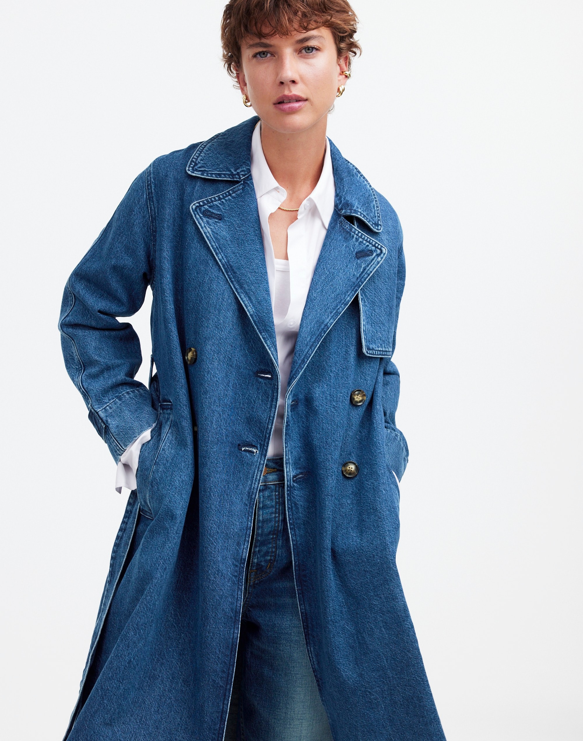 Denim Double-Breasted Crop Trench Coat Ravenwood Wash | Madewell