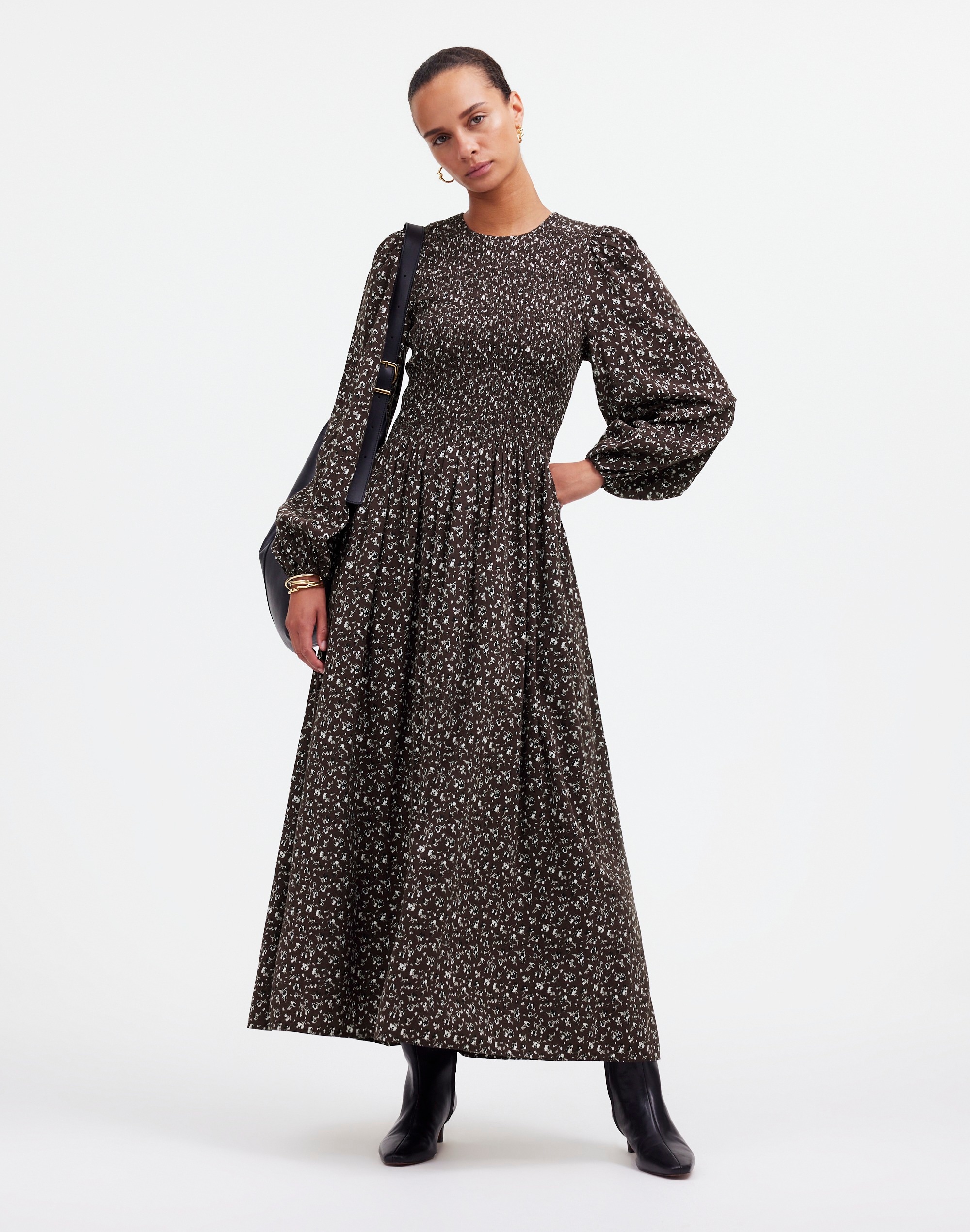 The Petite Melody Puff-Sleeve Smocked Midi Dress | Madewell