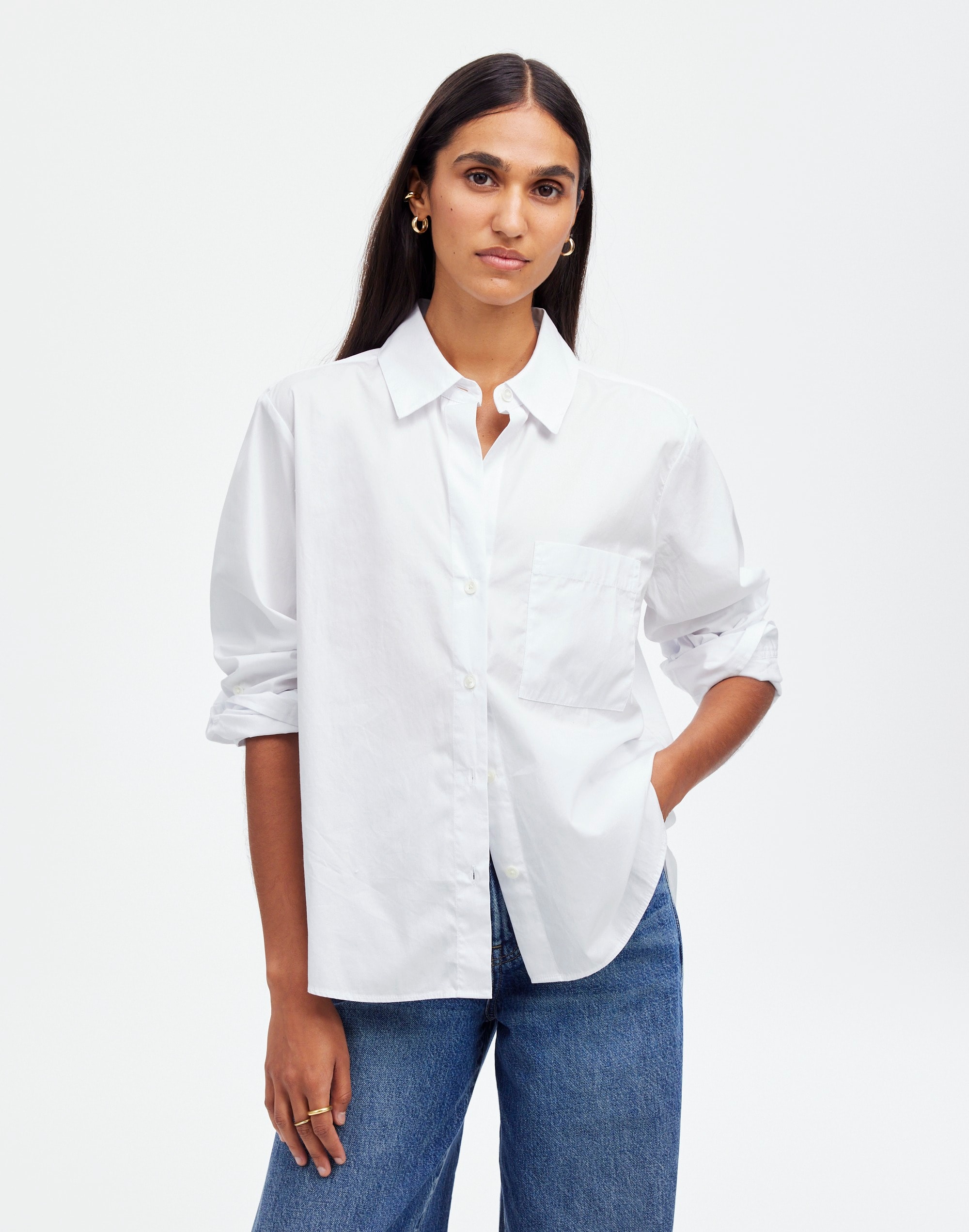 Mw Easy Y-neck Button-up Shirt In Eyelet White