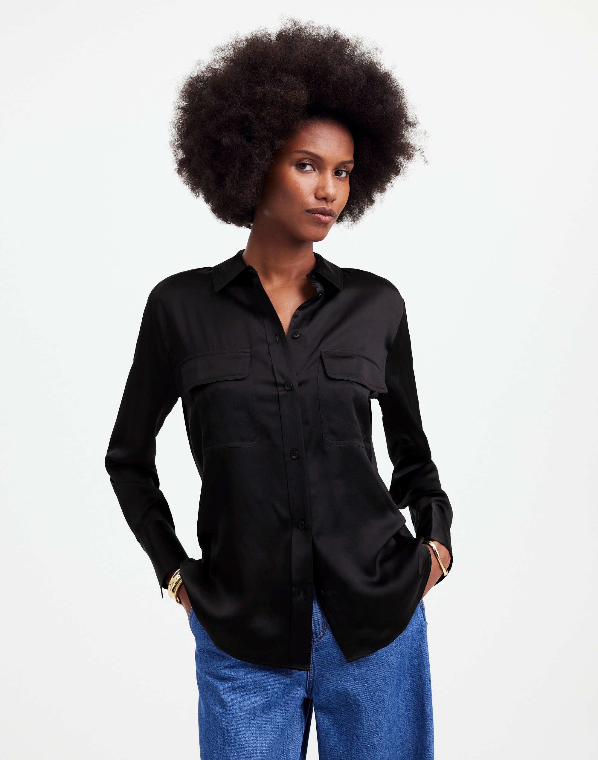 Mw Silk Flap-pocket Button-up Shirt In True Black