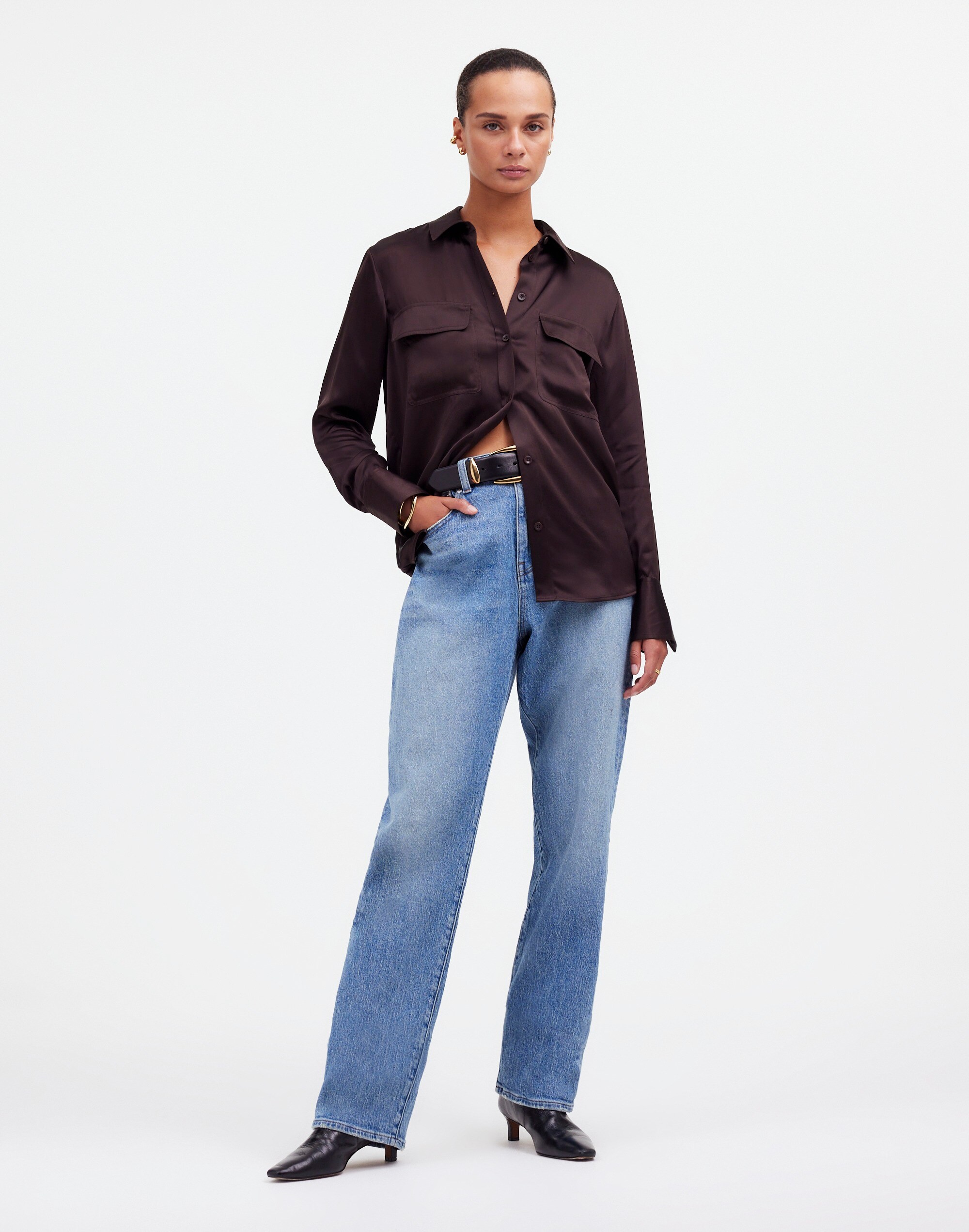 Shop Mw Silk Flap-pocket Button-up Shirt In Dark Carob