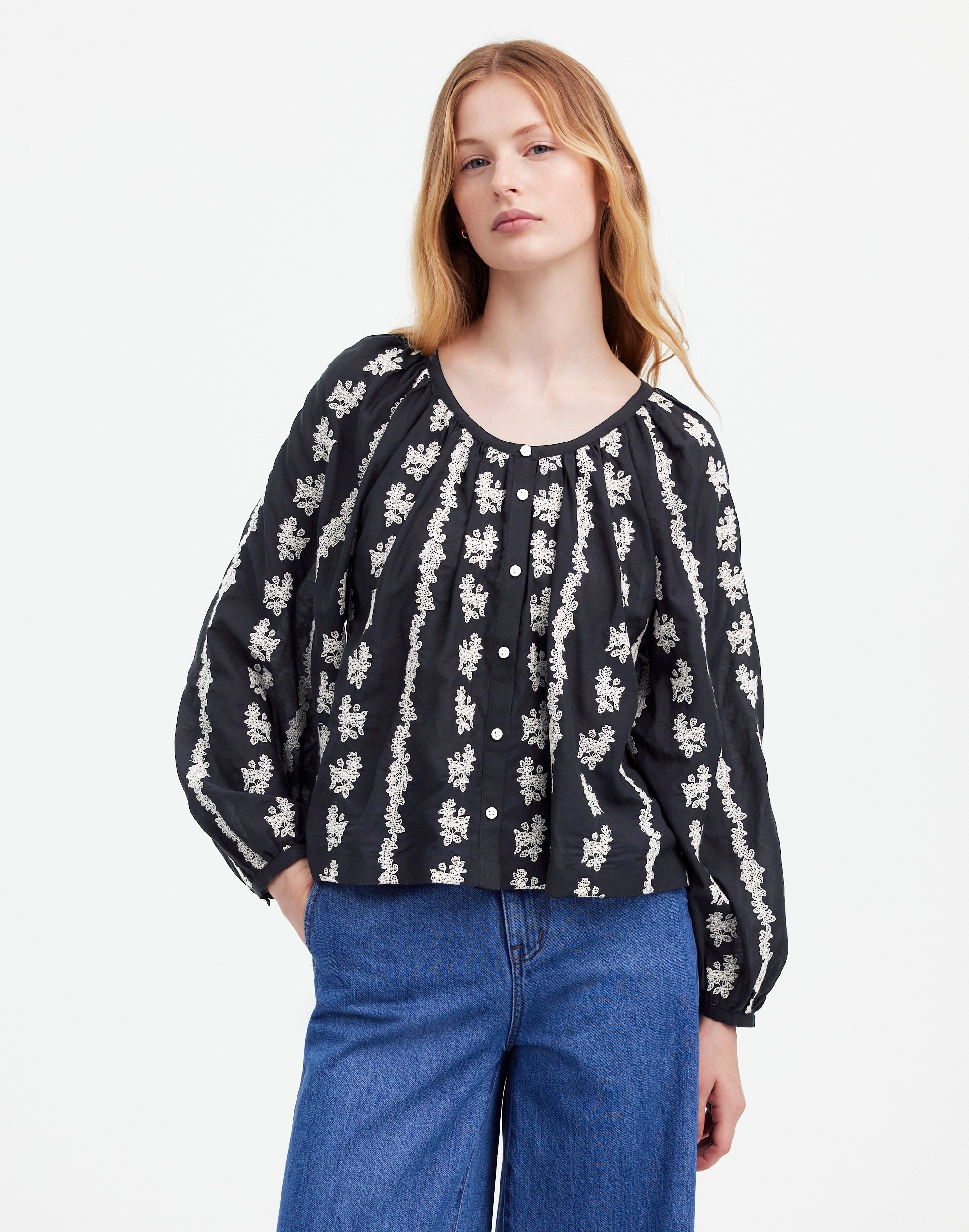 Embroidered Puff-Sleeve A-Line Top | Madewell