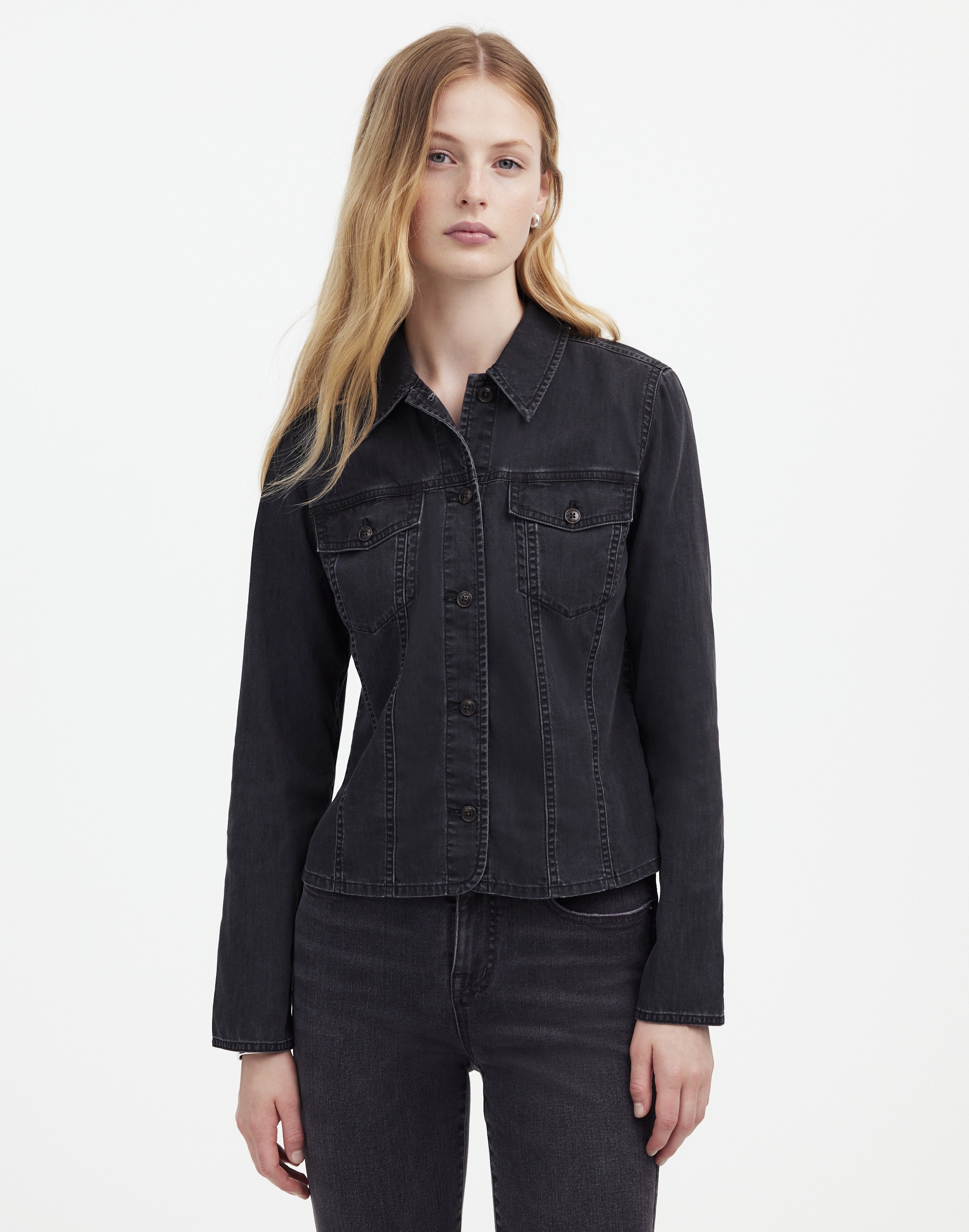 Mw Denim Shirt-jacket In Washed Black