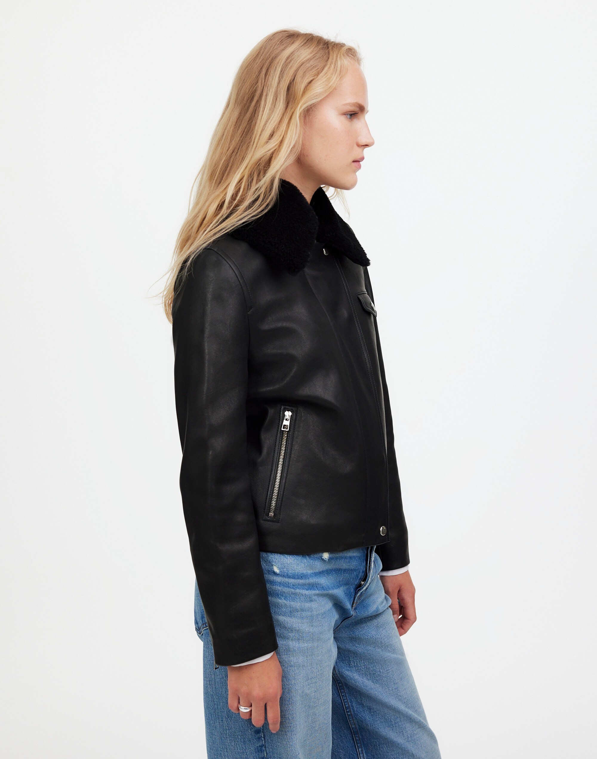 Sherpa-Collar Asymmetric Zip-Front Jacket Leather | Madewell