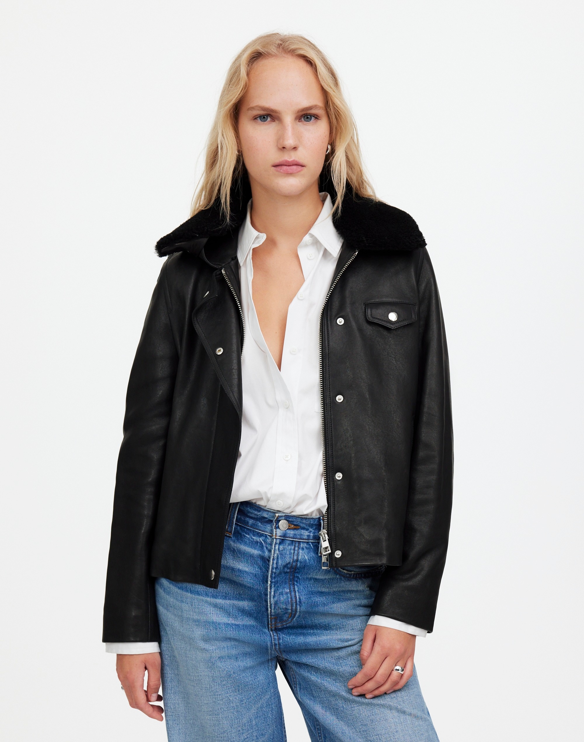 Sherpa-Collar Asymmetric Zip-Front Jacket Leather | Madewell