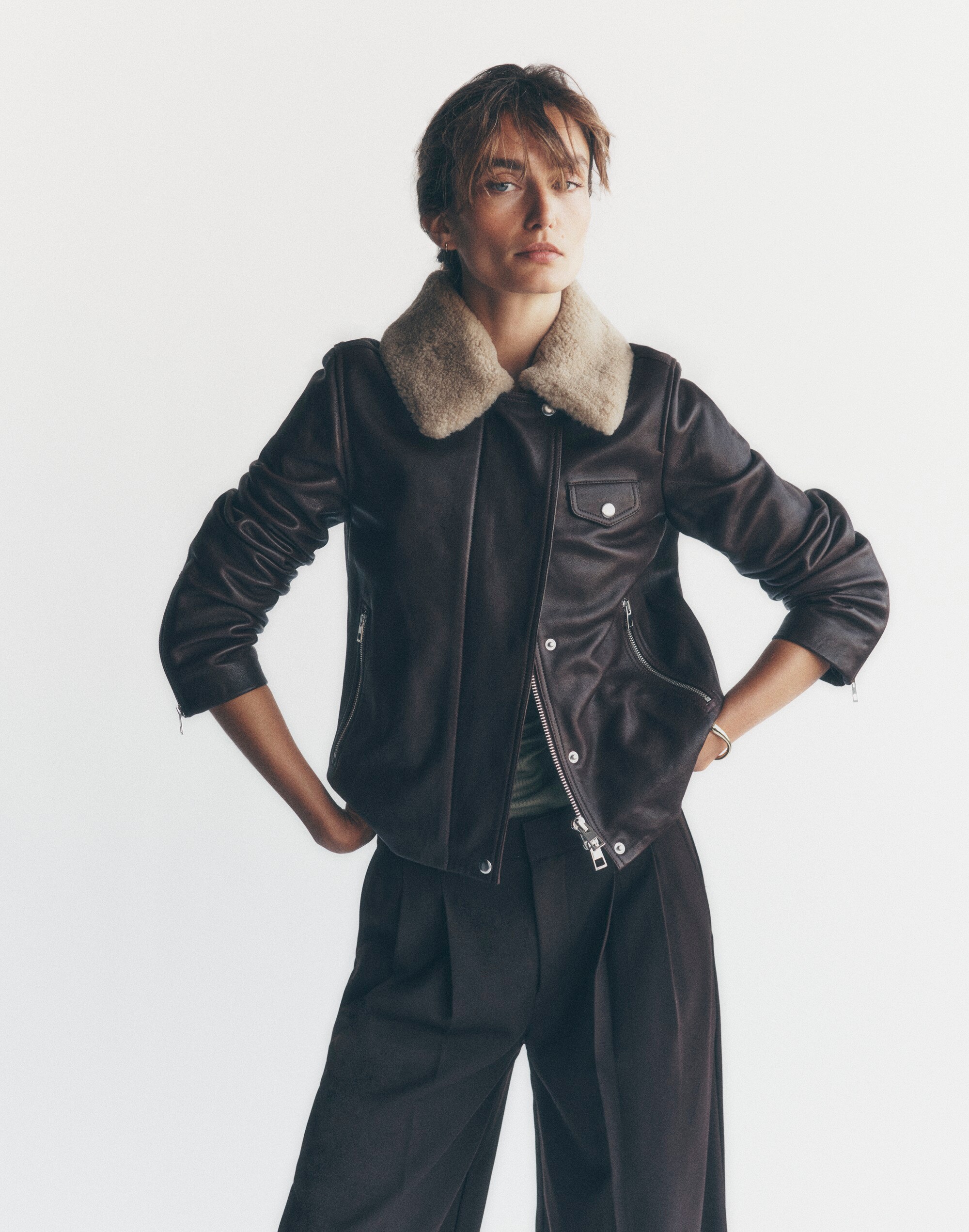 Sherpa-Collar Asymmetric Zip-Front Jacket Leather | Madewell