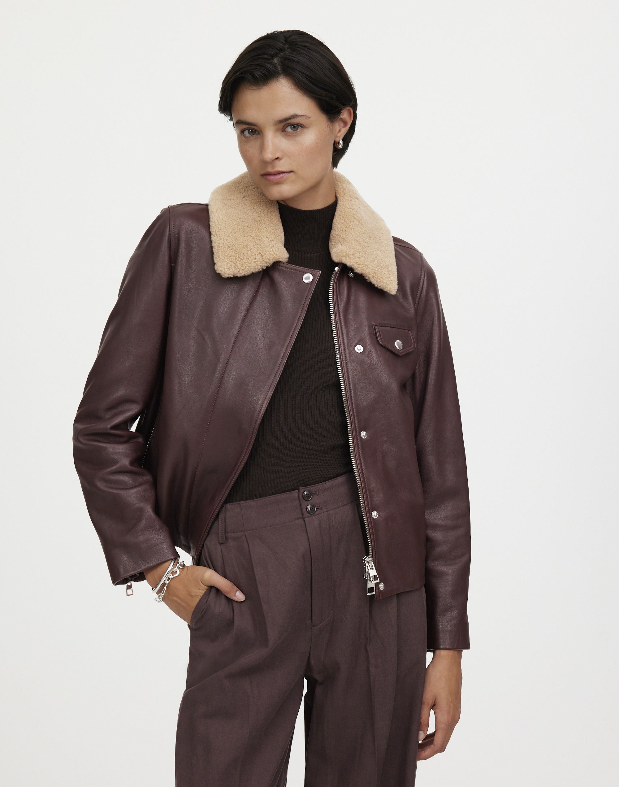 Shearling-Collar Asymmetric Zip-Front Jacket Leather | Madewell