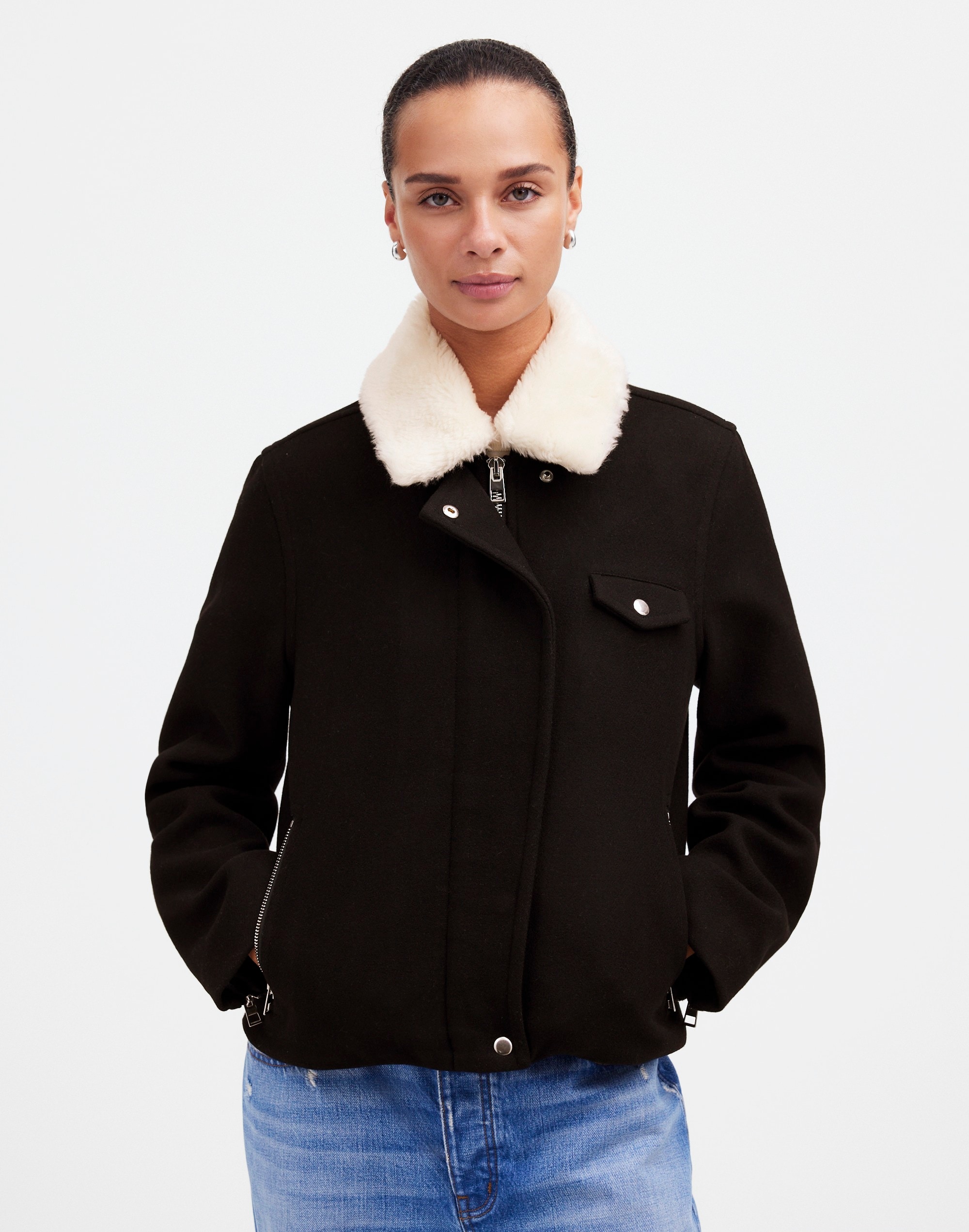 Mw Sherpa-collar Asymmetric Zip-front Jacket In True Black