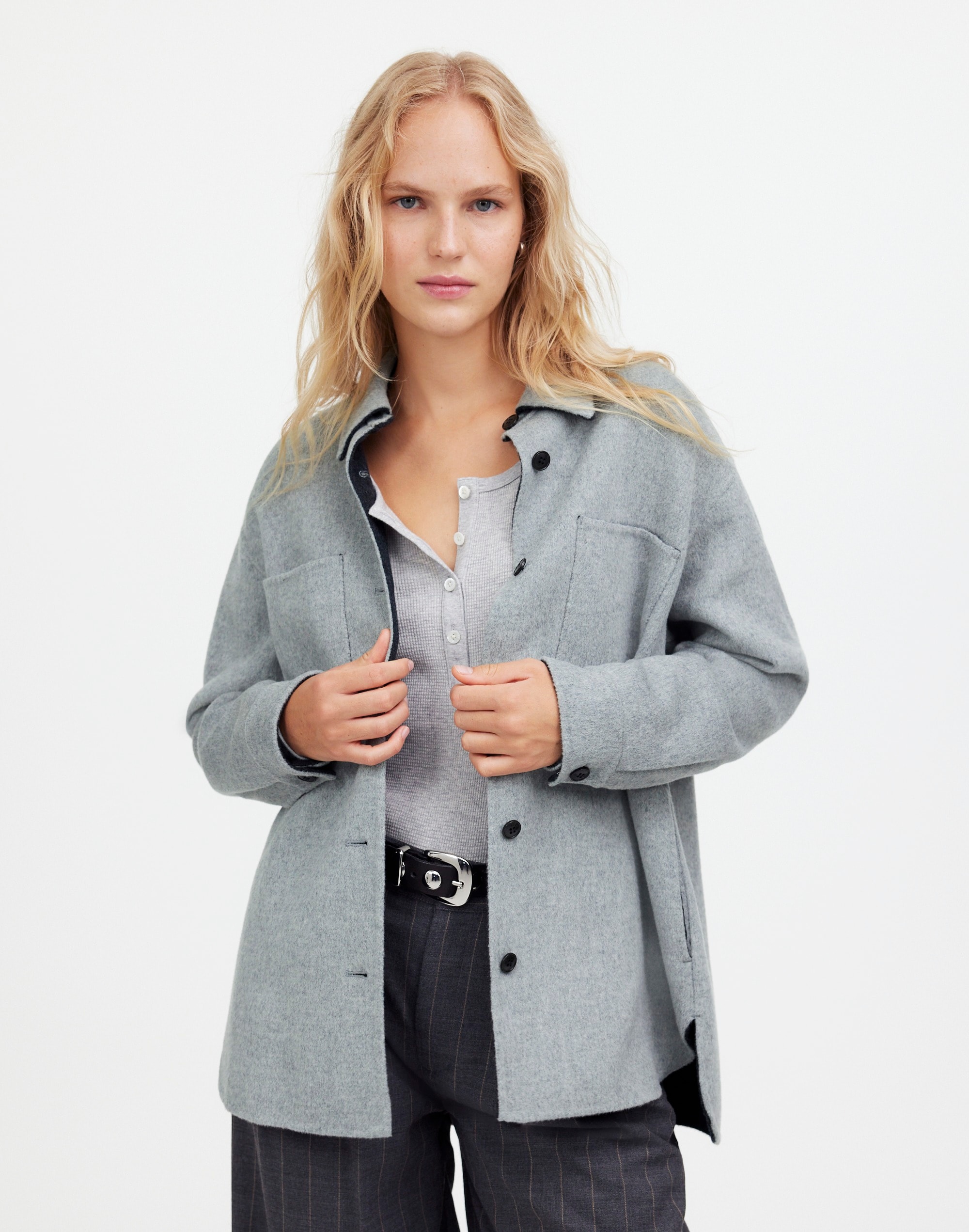 Mw Double-faced Long Shirt-jacket In Heather Coal