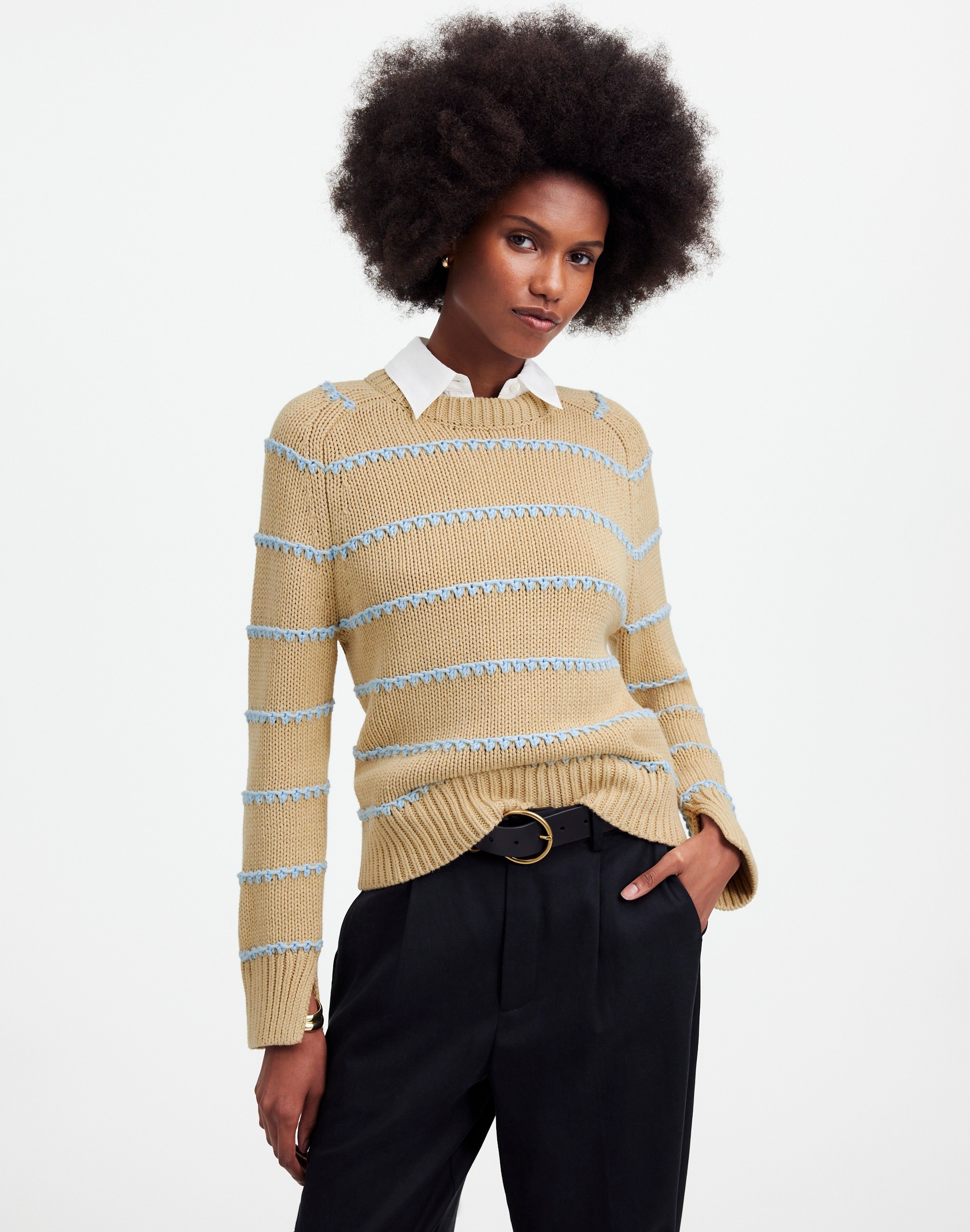 Textured Cotton Crewneck Sweater Stripe | Madewell