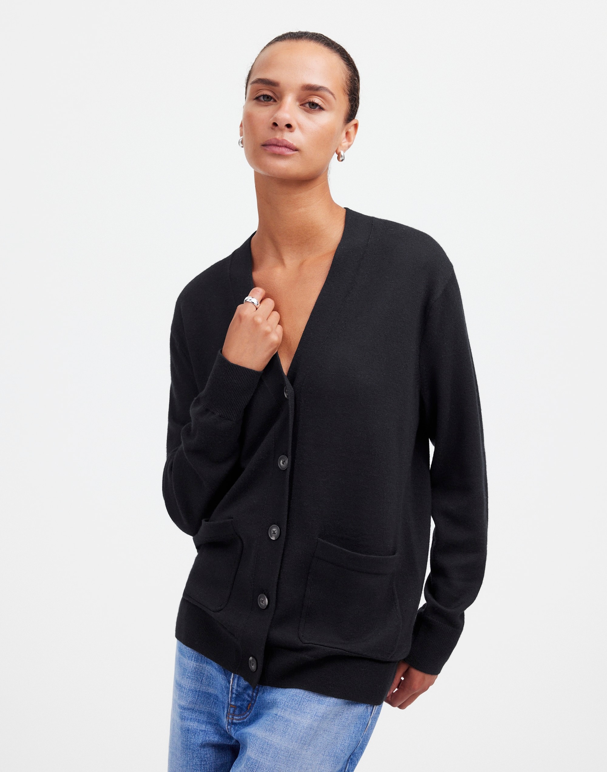 Mw Merino Wool Boyfriend Cardigan In True Black