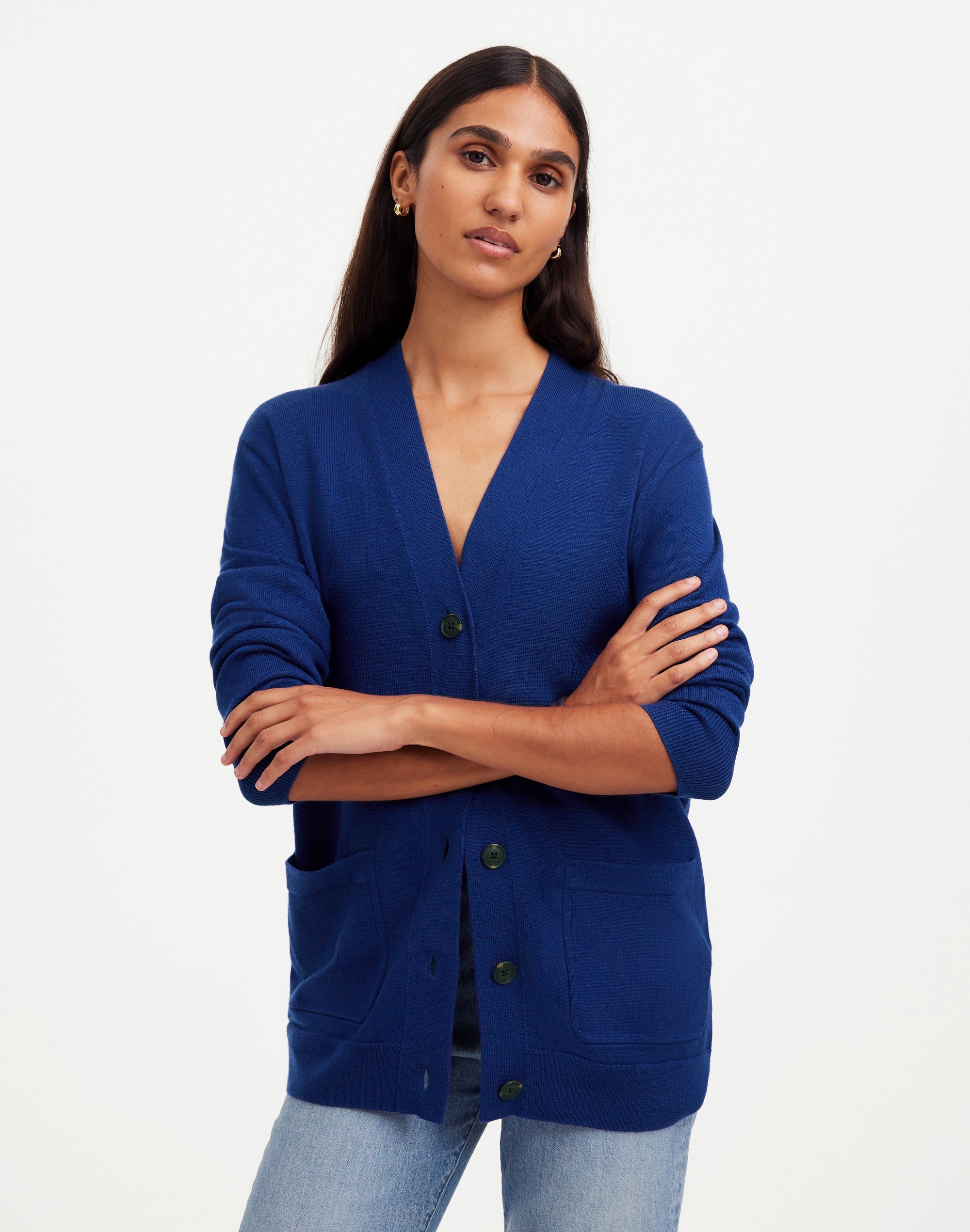 Mw Merino Wool Boyfriend Cardigan In Bright Cobalt