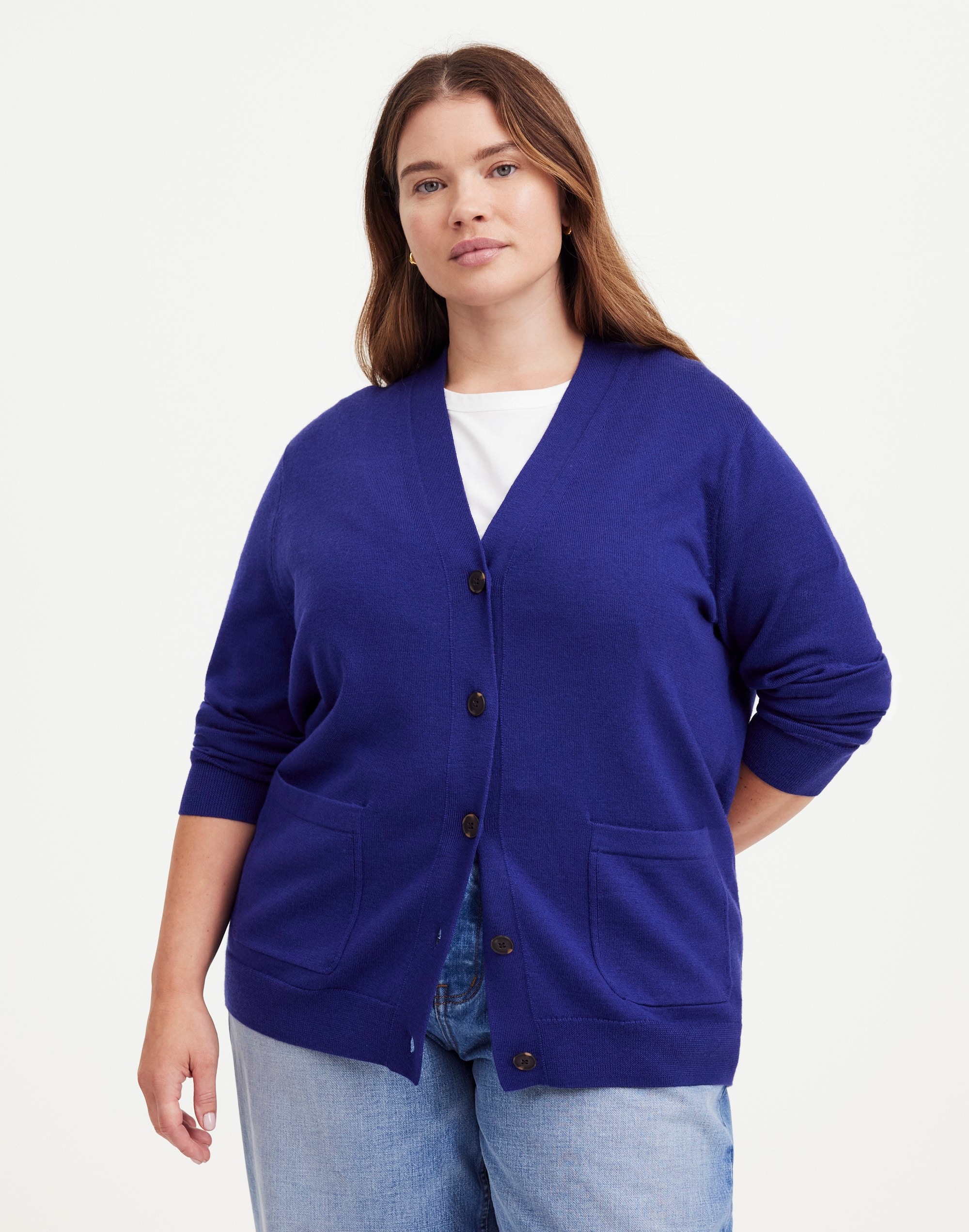 Mw Plus Merino Wool Boyfriend Cardigan In Bright Cobalt