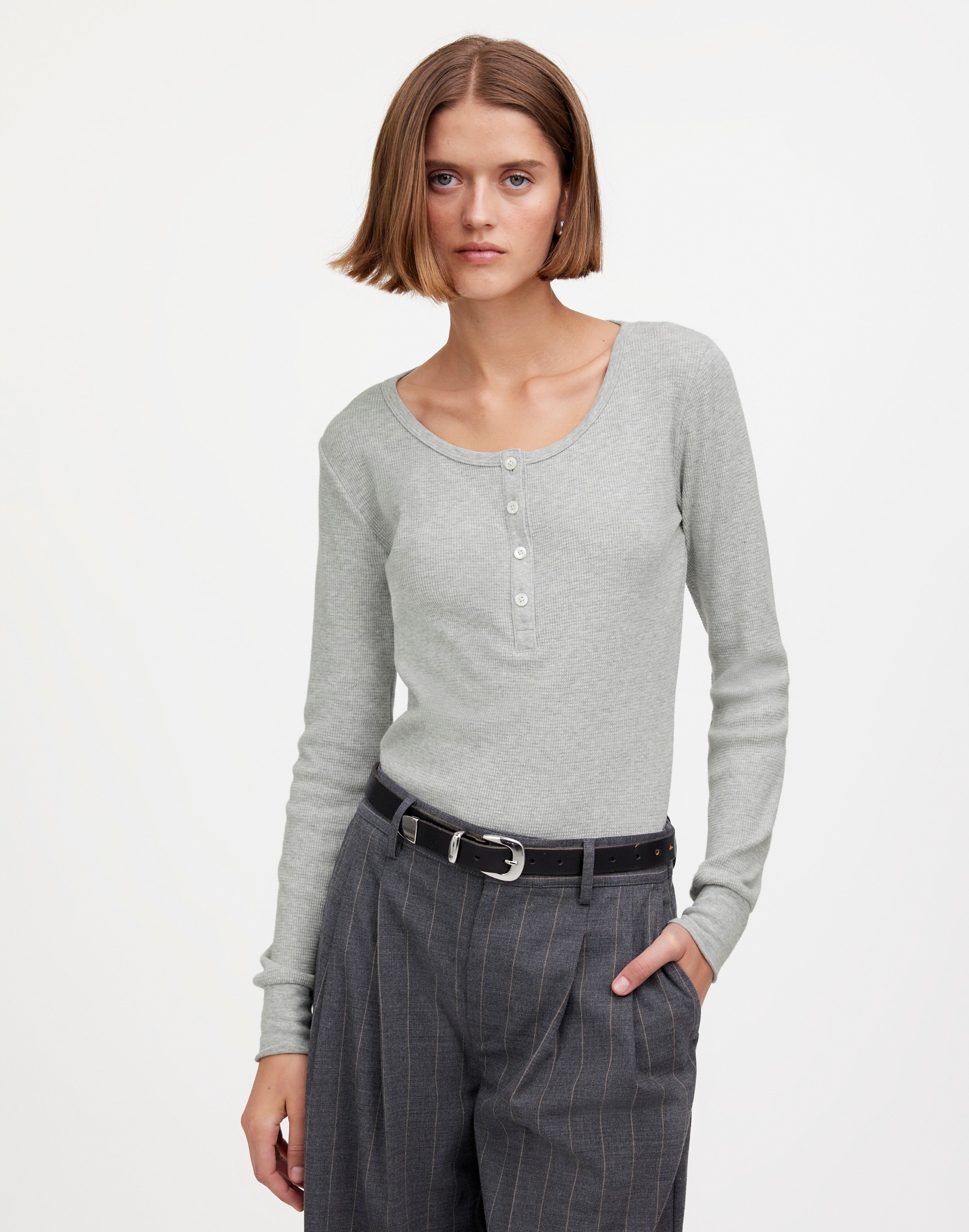 Heathered Waffle-Knit Scoopneck Henley Tee | Madewell