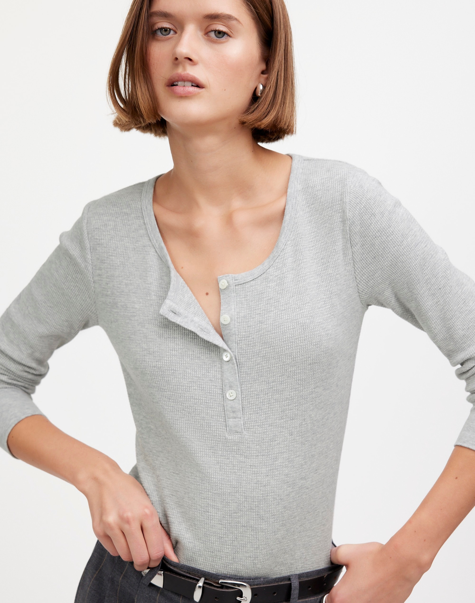 Heathered Waffle-Knit Scoopneck Henley Tee | Madewell