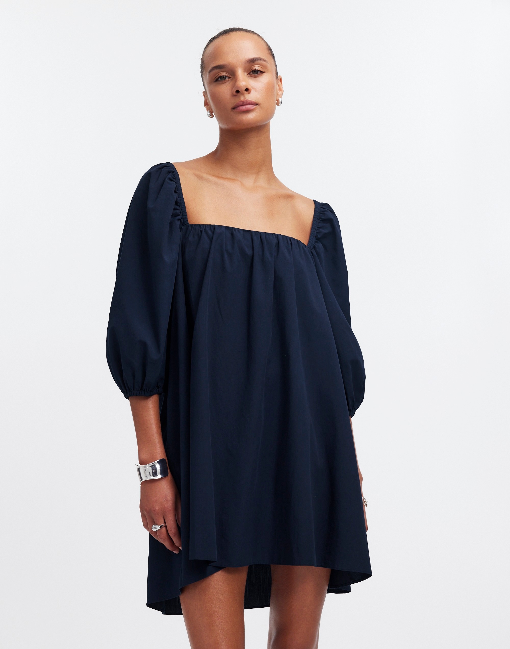Mw Square-neck Puff-sleeve Mini Dress In Navy
