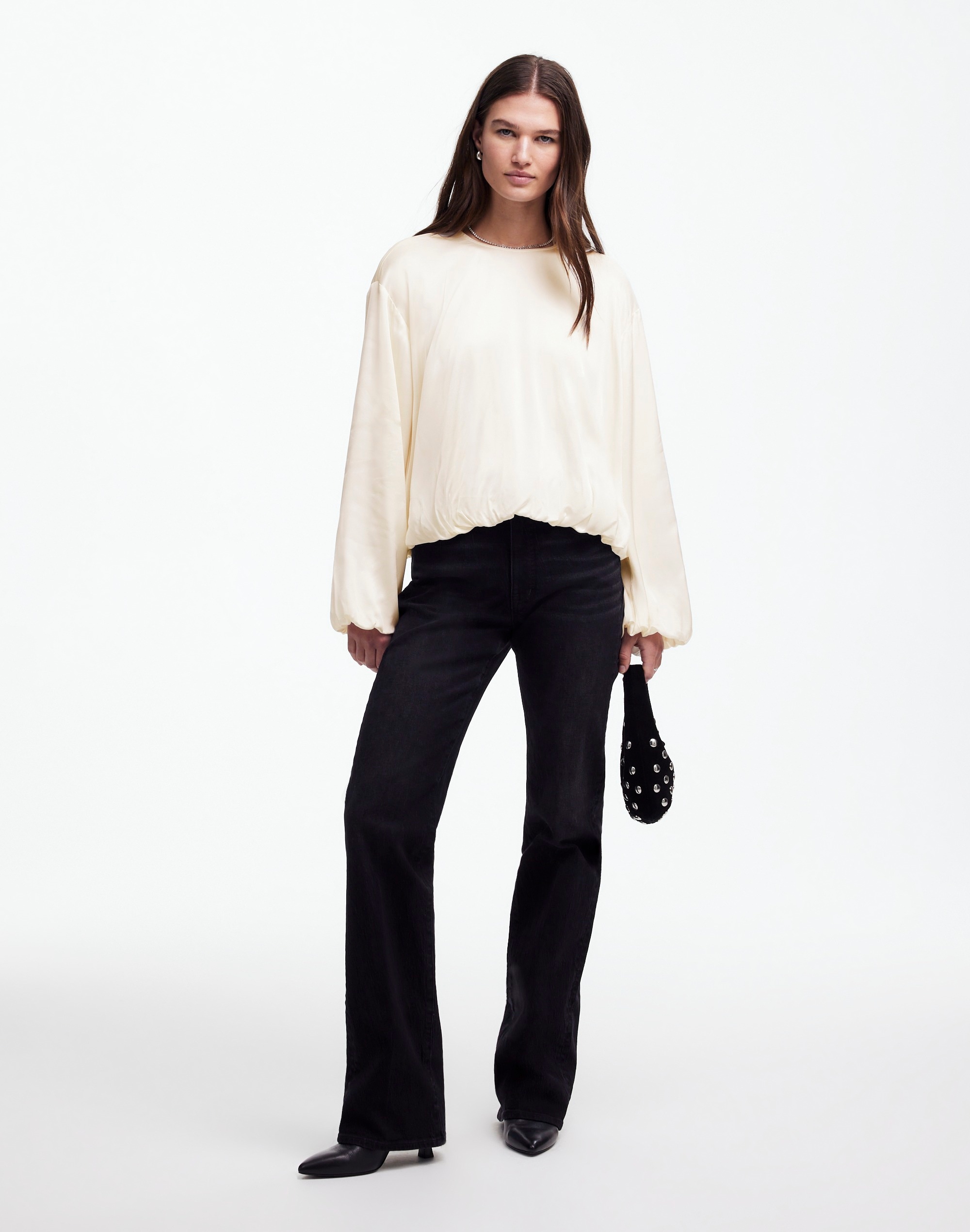 Long-Sleeve Bubble-Hem Top Satin | Madewell