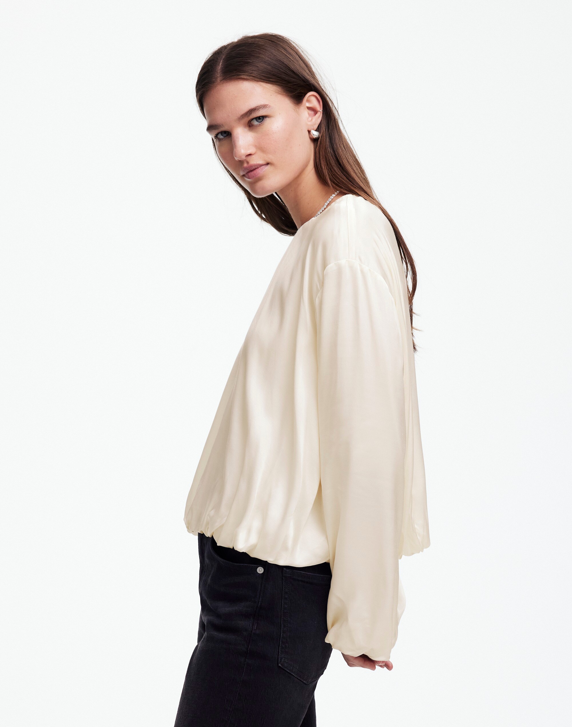 Long-Sleeve Bubble-Hem Top Satin | Madewell