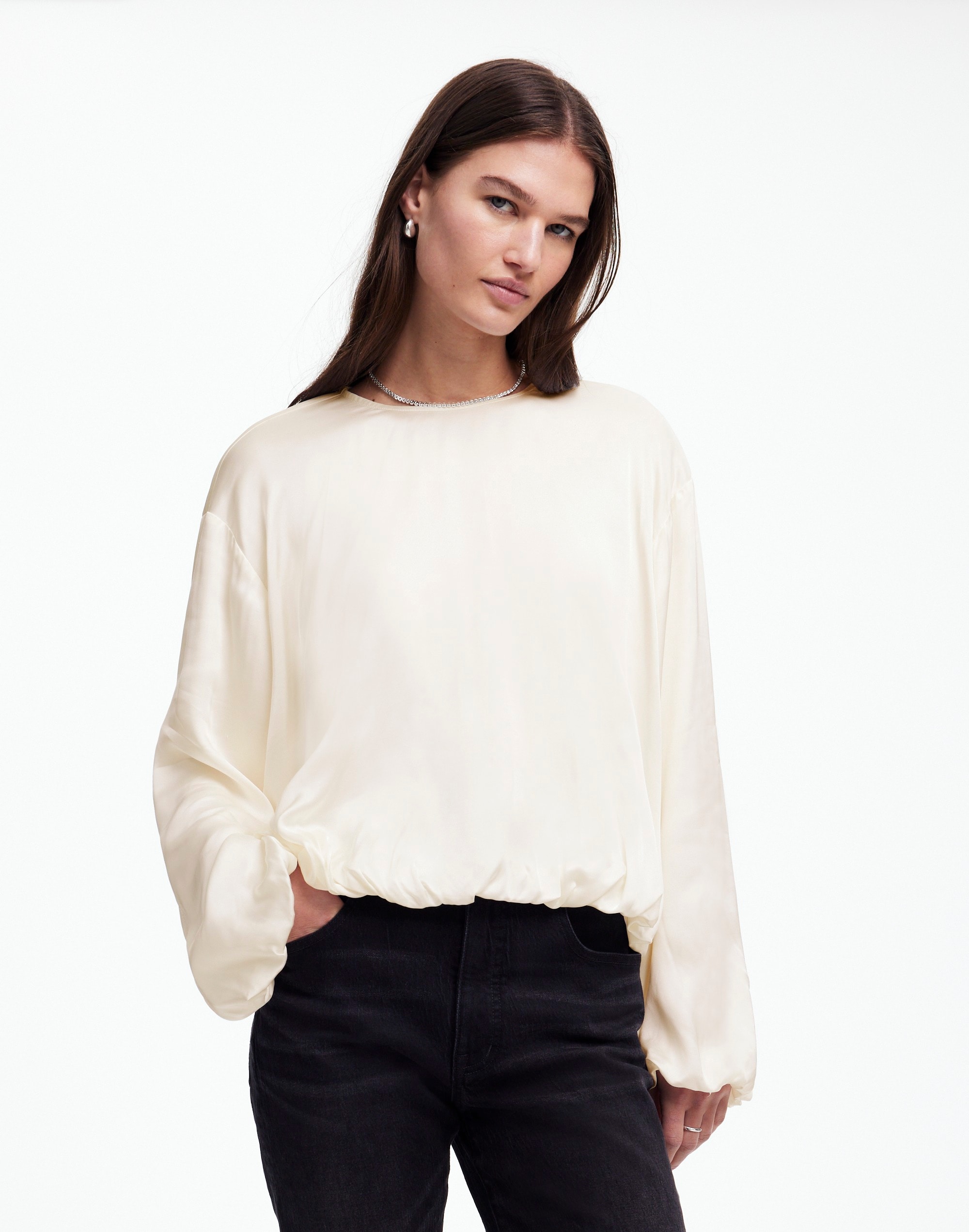 Long-Sleeve Bubble-Hem Top Satin | Madewell