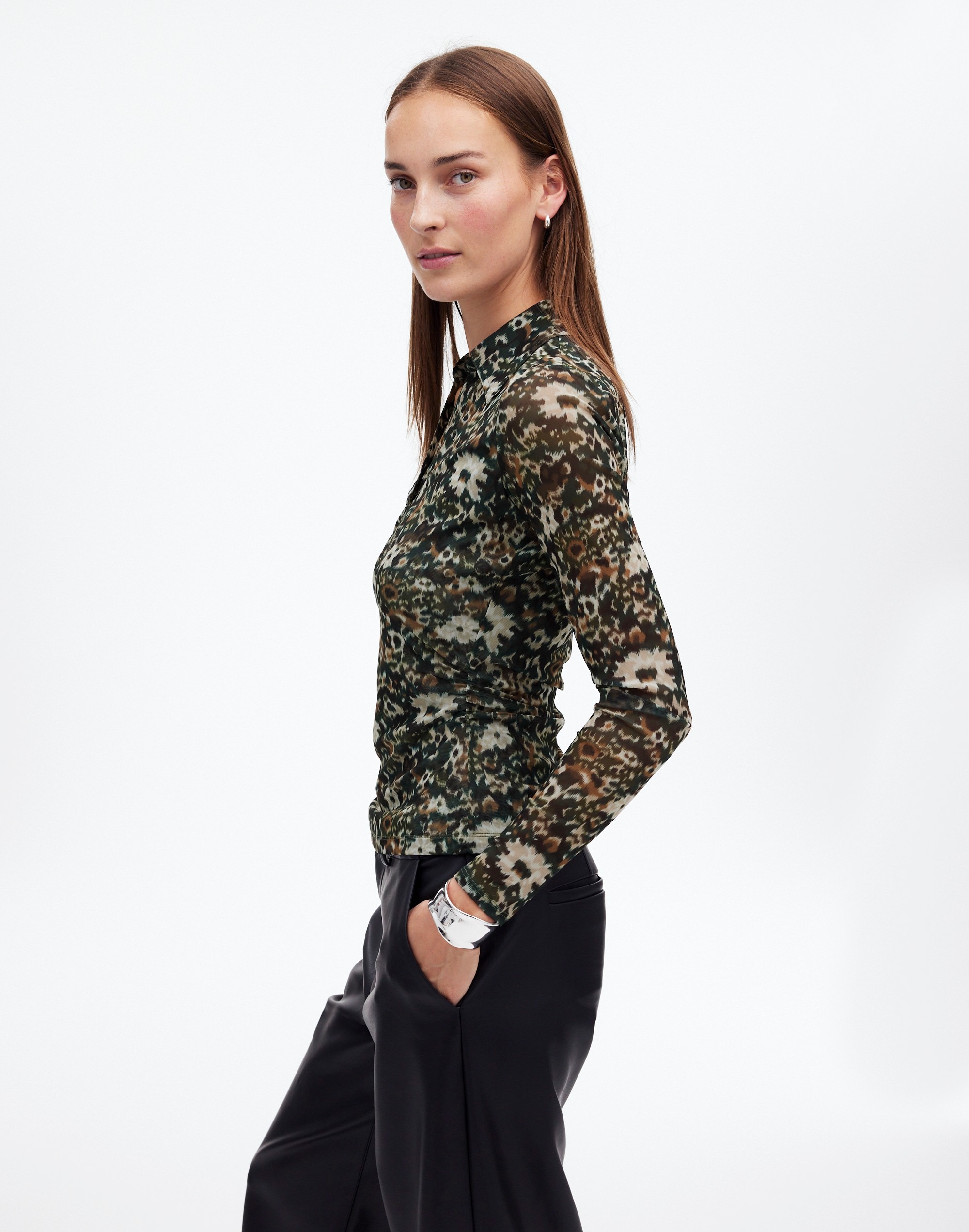 Long-Sleeve Polo Top Floral Mesh | Madewell