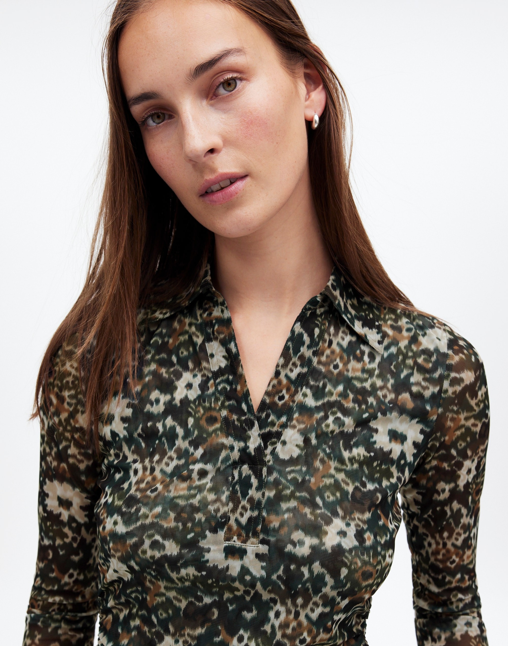 Long-Sleeve Polo Top Floral Mesh | Madewell