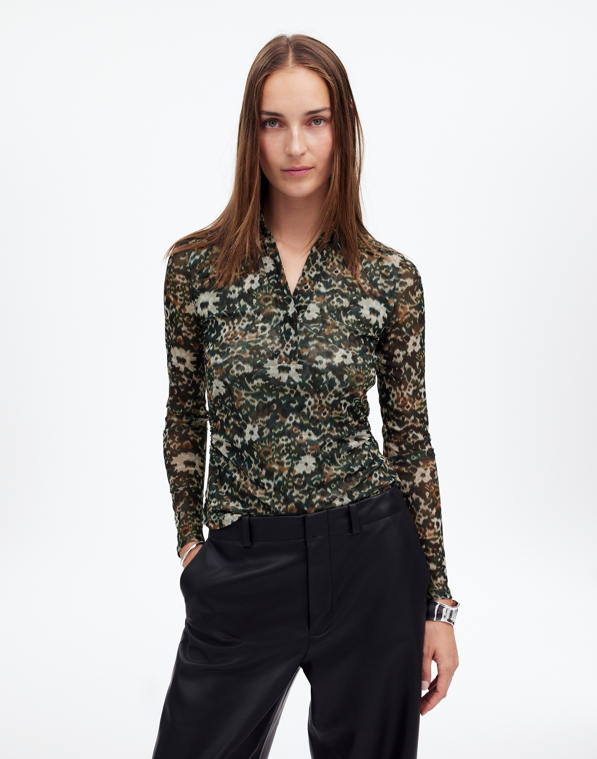 Long-Sleeve Polo Top Floral Mesh | Madewell