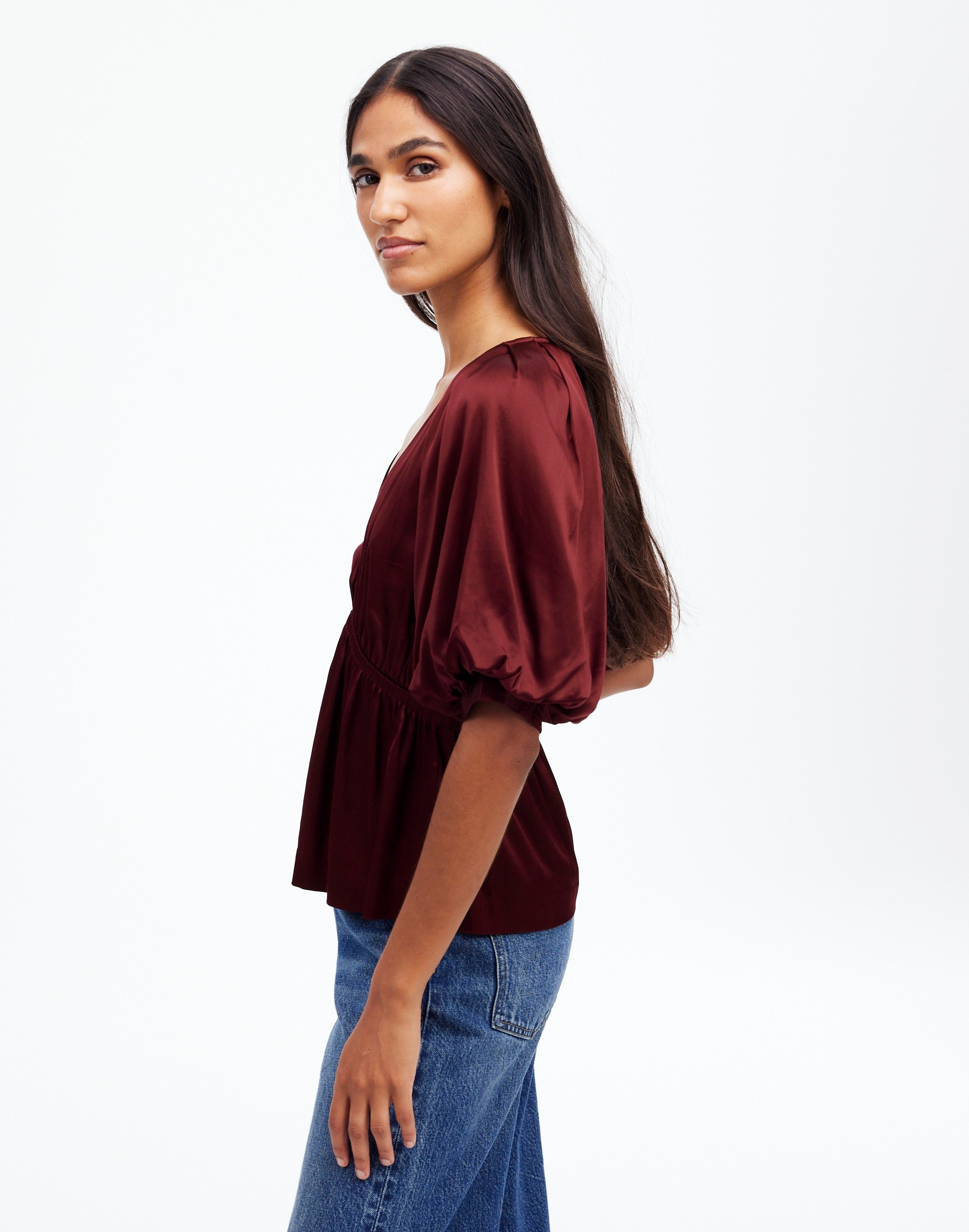 Shirred Puff-Sleeve Top Satin | Madewell