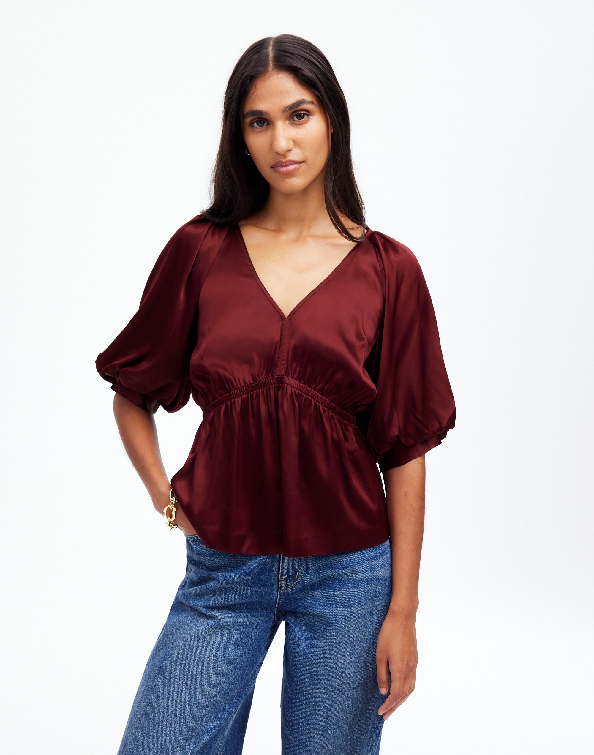 Shirred Puff-Sleeve Top Satin | Madewell