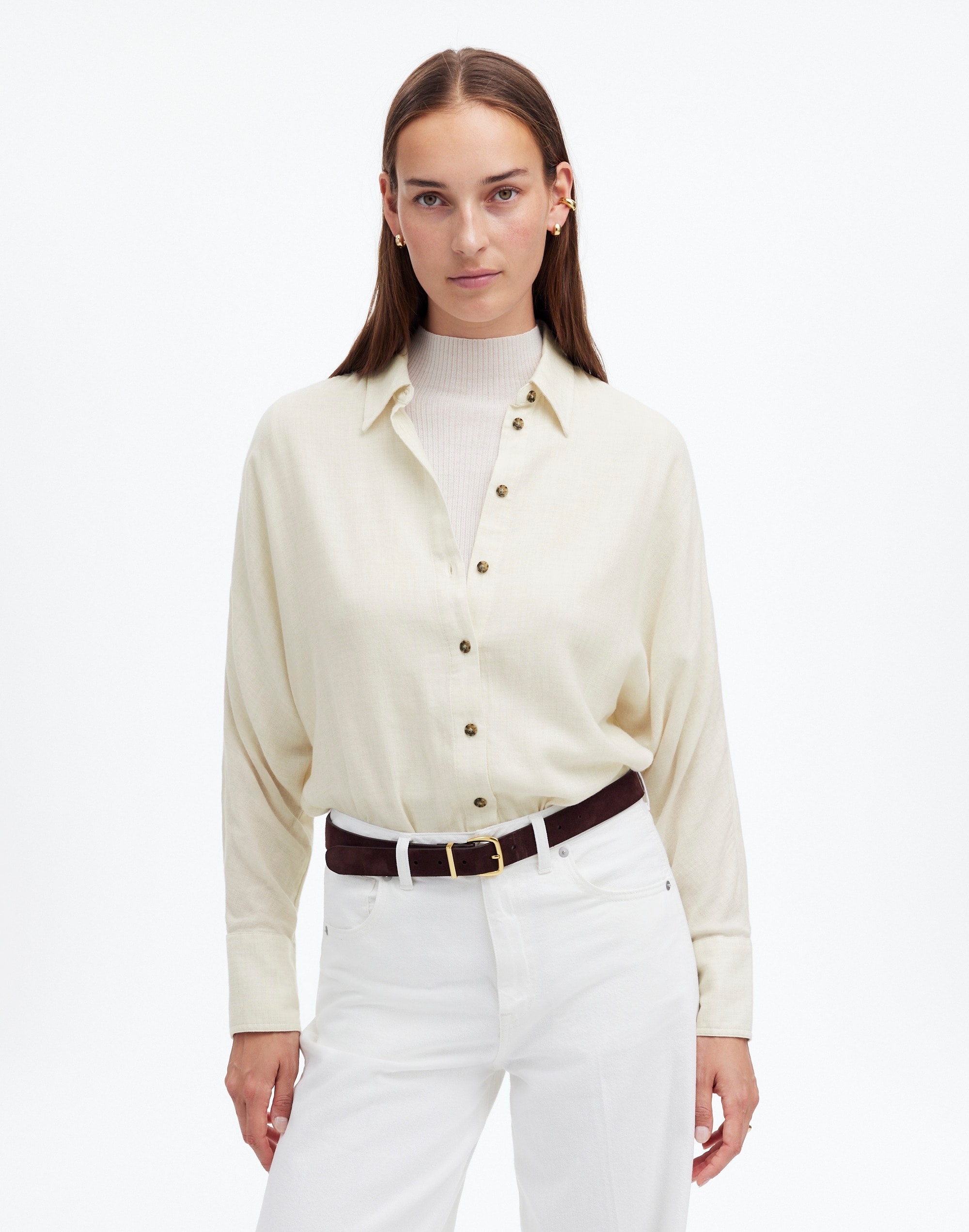 Shop Mw Heathered Flannel Dolman Button-up Shirt In Ivory Melange