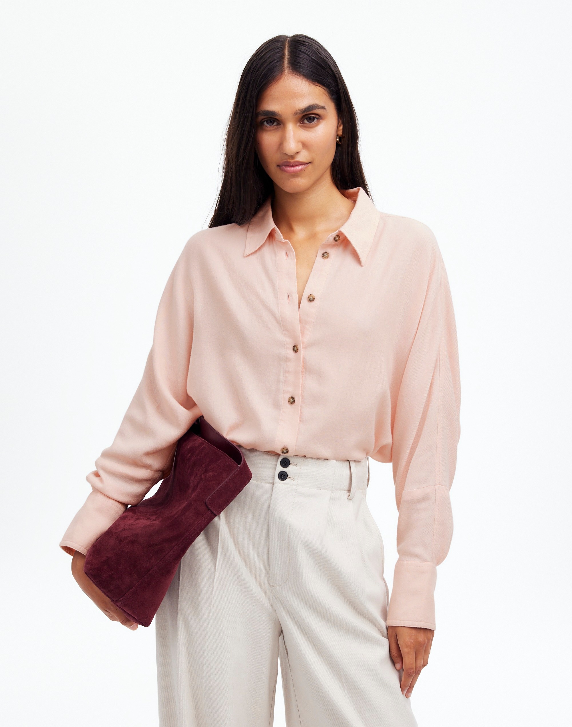 Mw Heathered Flannel Dolman Button-up Shirt In Pink Heather