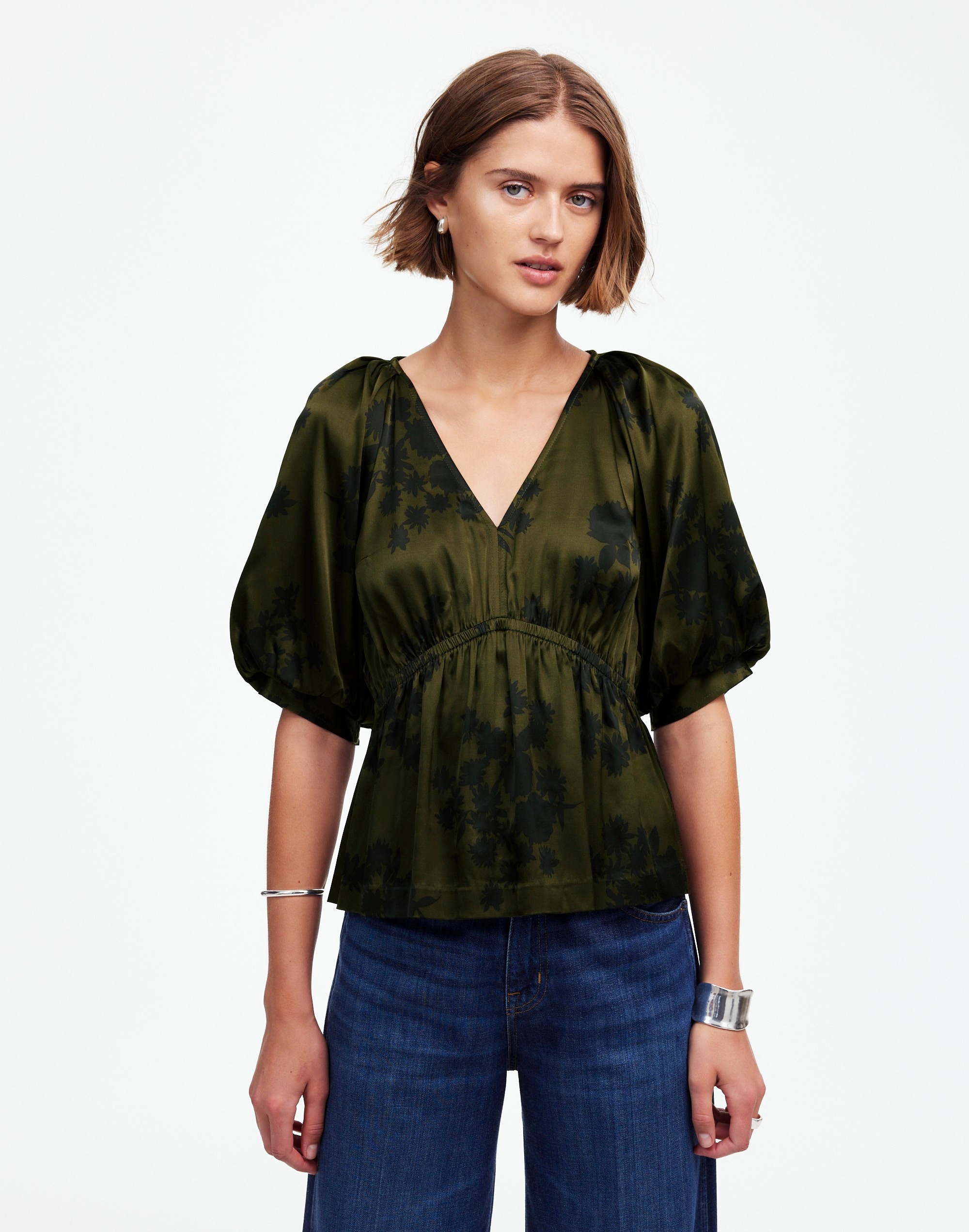 Shirred Puff-Sleeve Top Satin | Madewell