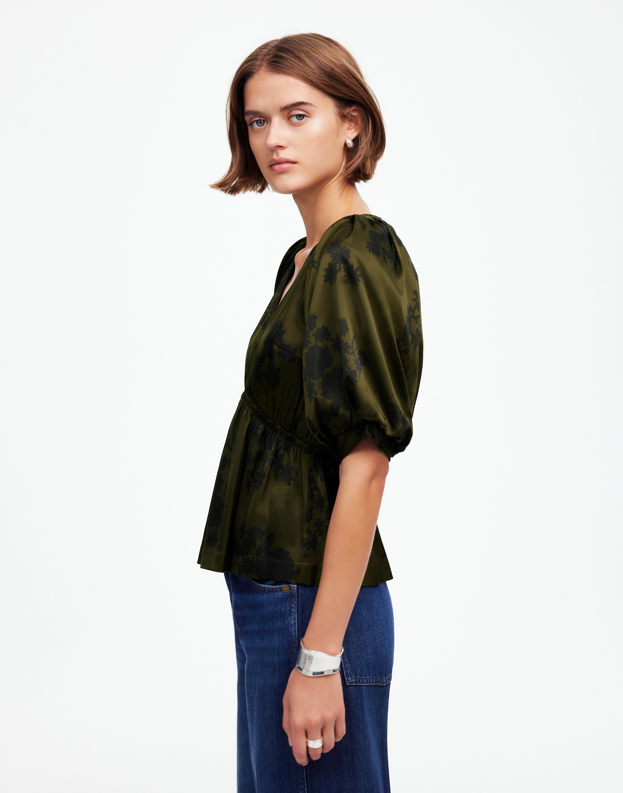 Shirred Puff-Sleeve Top Satin | Madewell