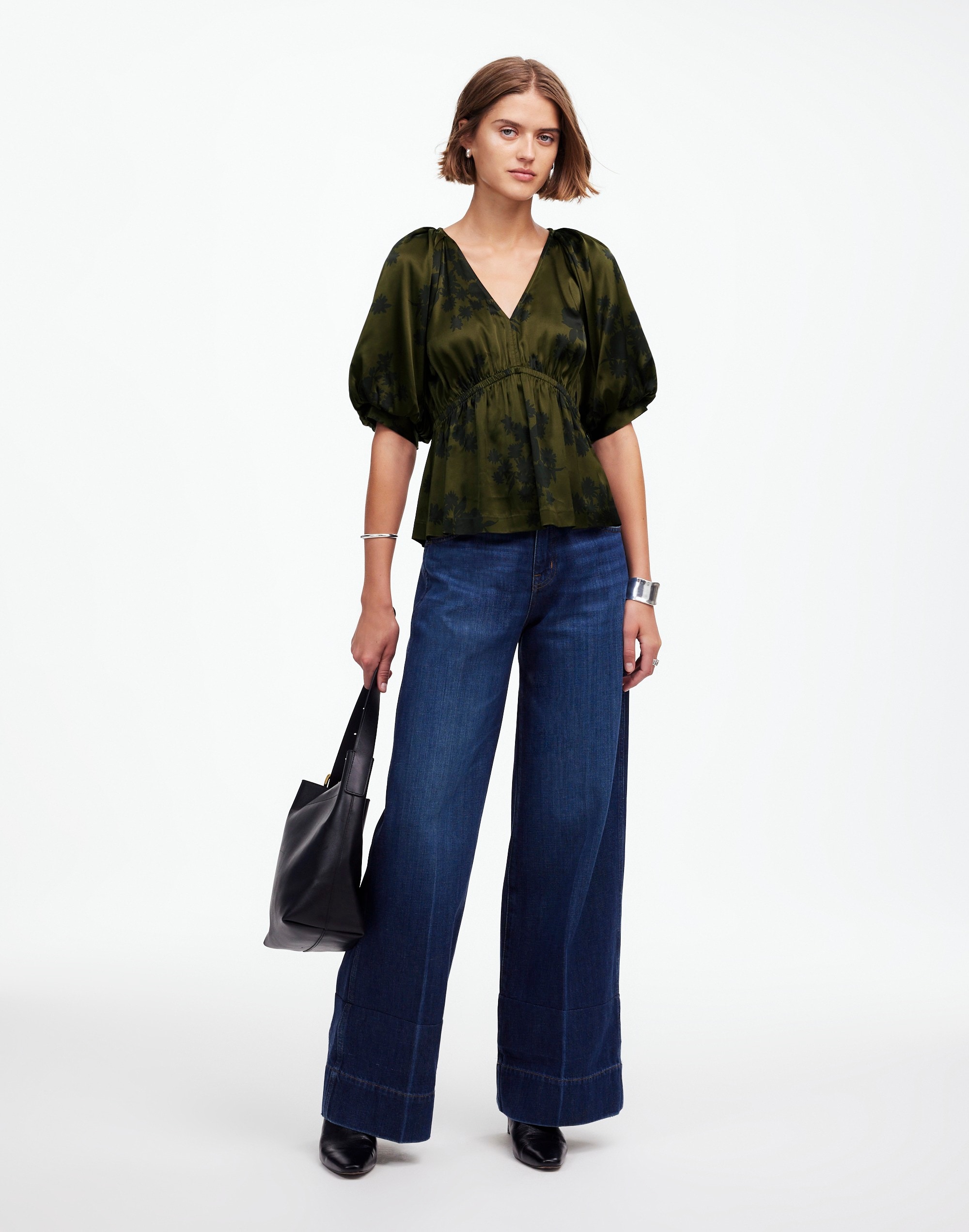 Shirred Puff-Sleeve Top Satin | Madewell