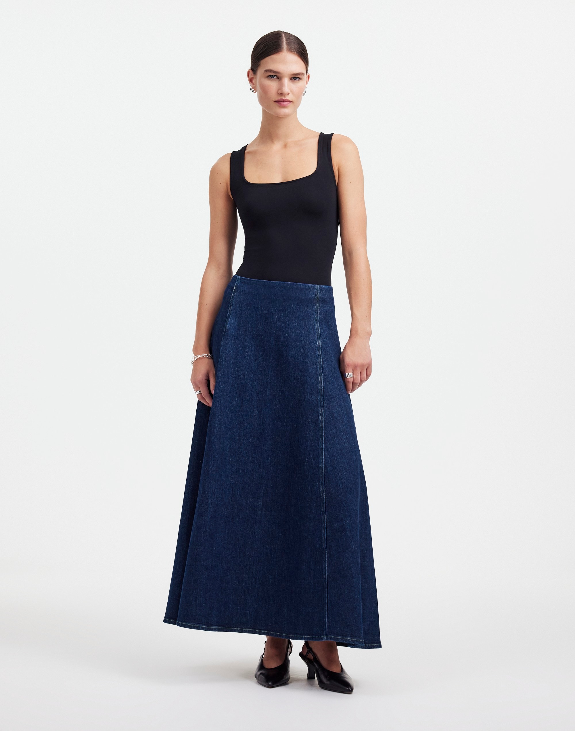 Alexa Chung for Madewell Denim Flare Midi Skirt Pellson Wash |