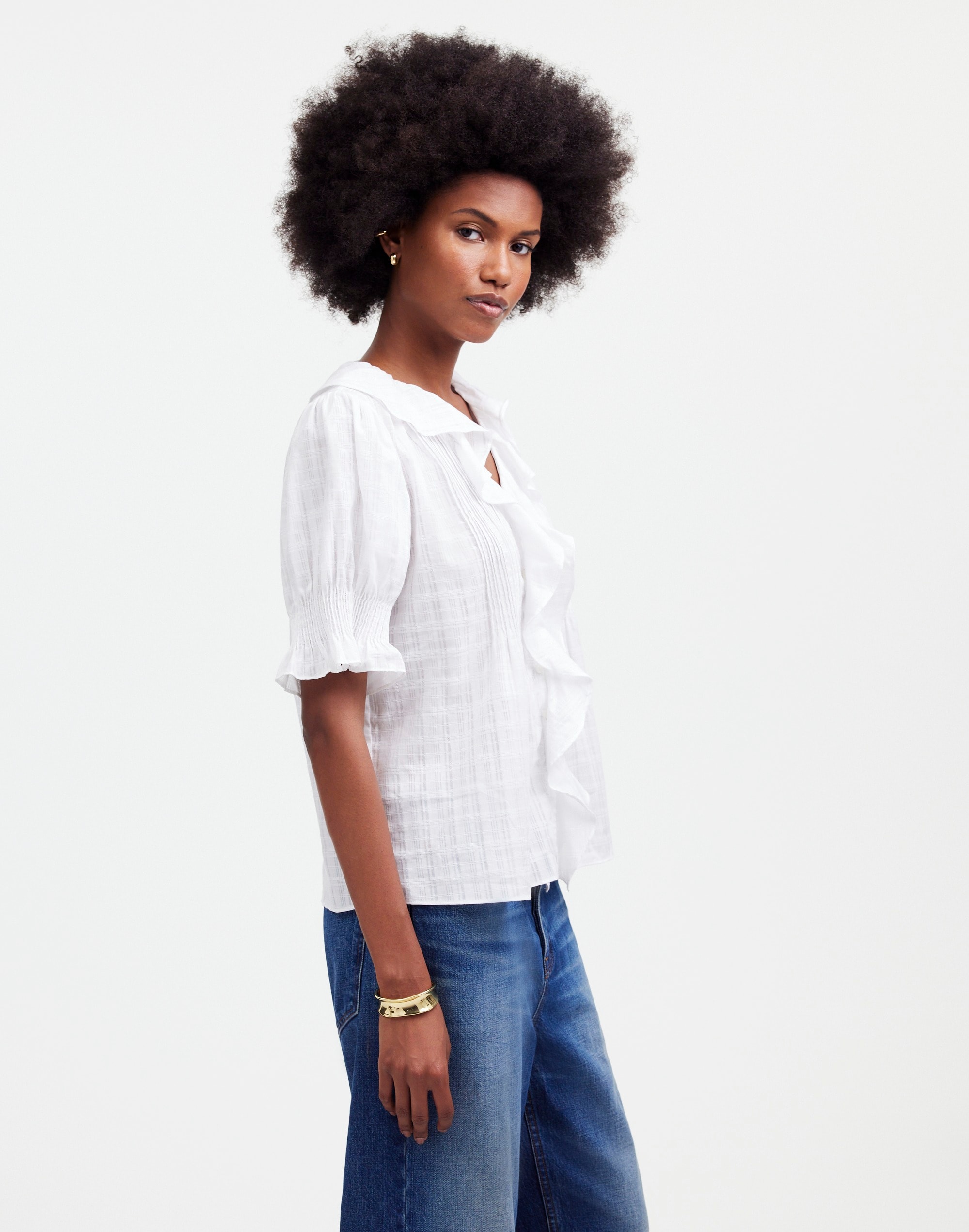 Ruffle Puff-Sleeve Peplum Top Windowpane | Madewell