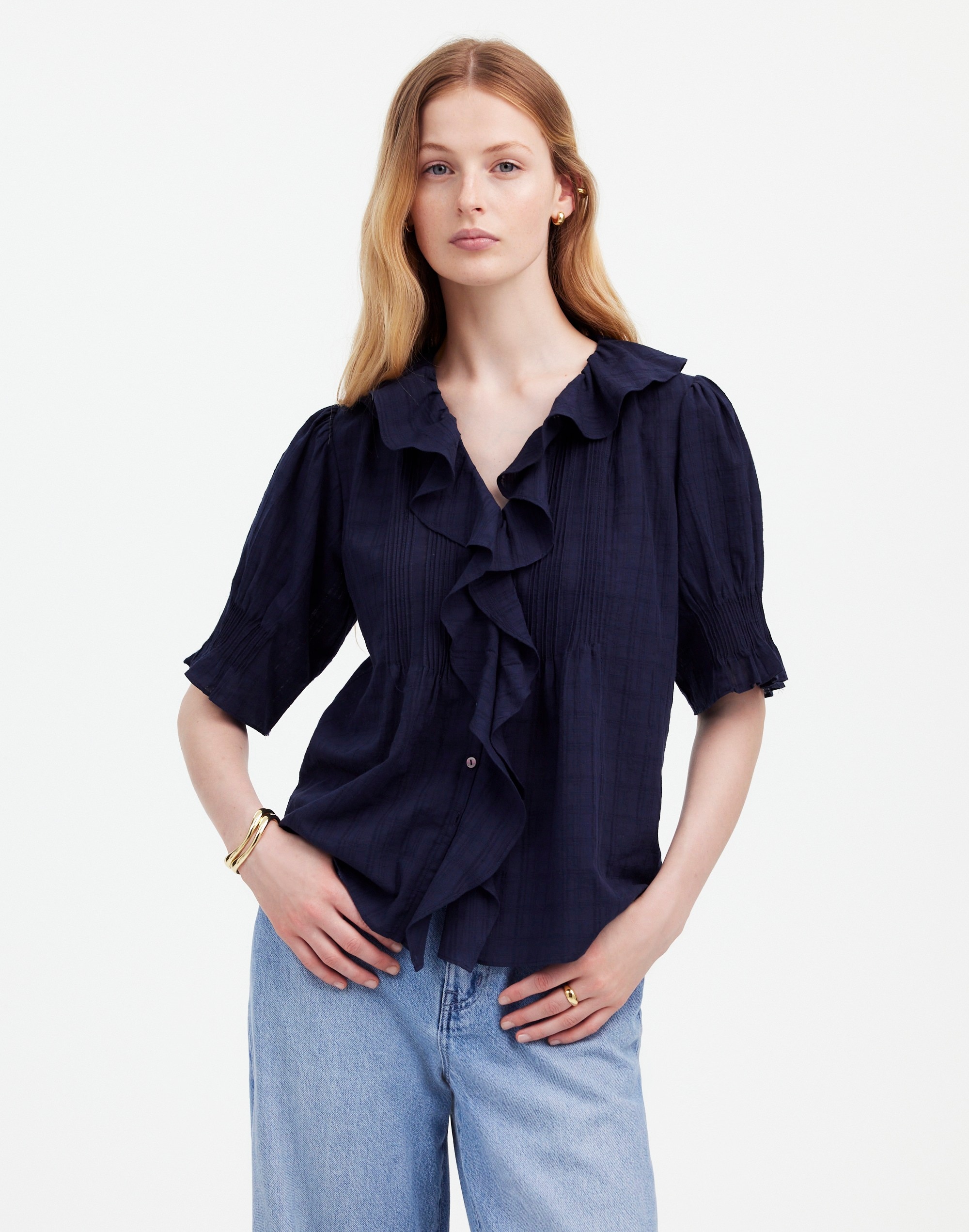 Ruffle Puff-Sleeve Peplum Top Windowpane | Madewell