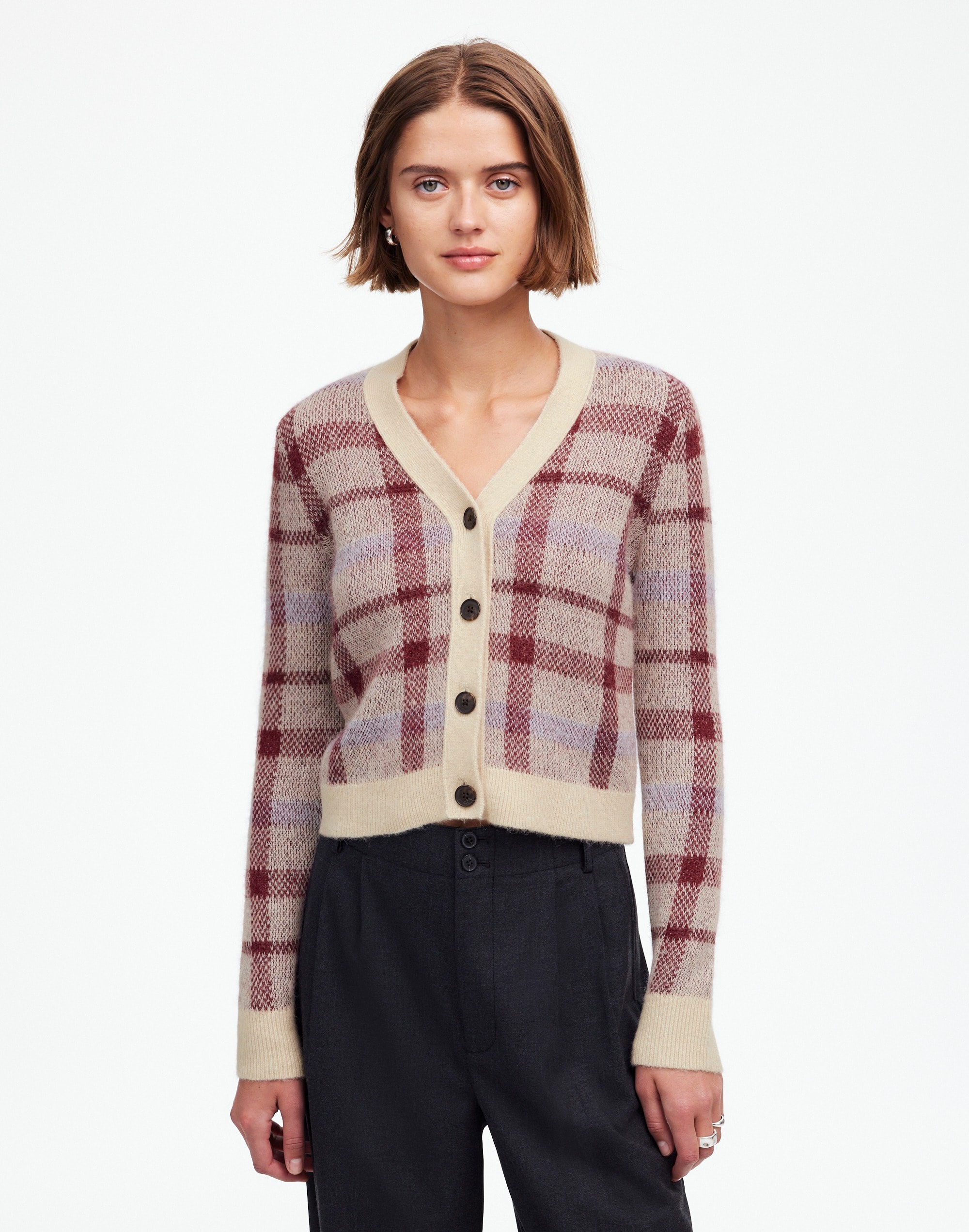 Alpaca-Blend V-Neck Cardigan Plaid | Madewell