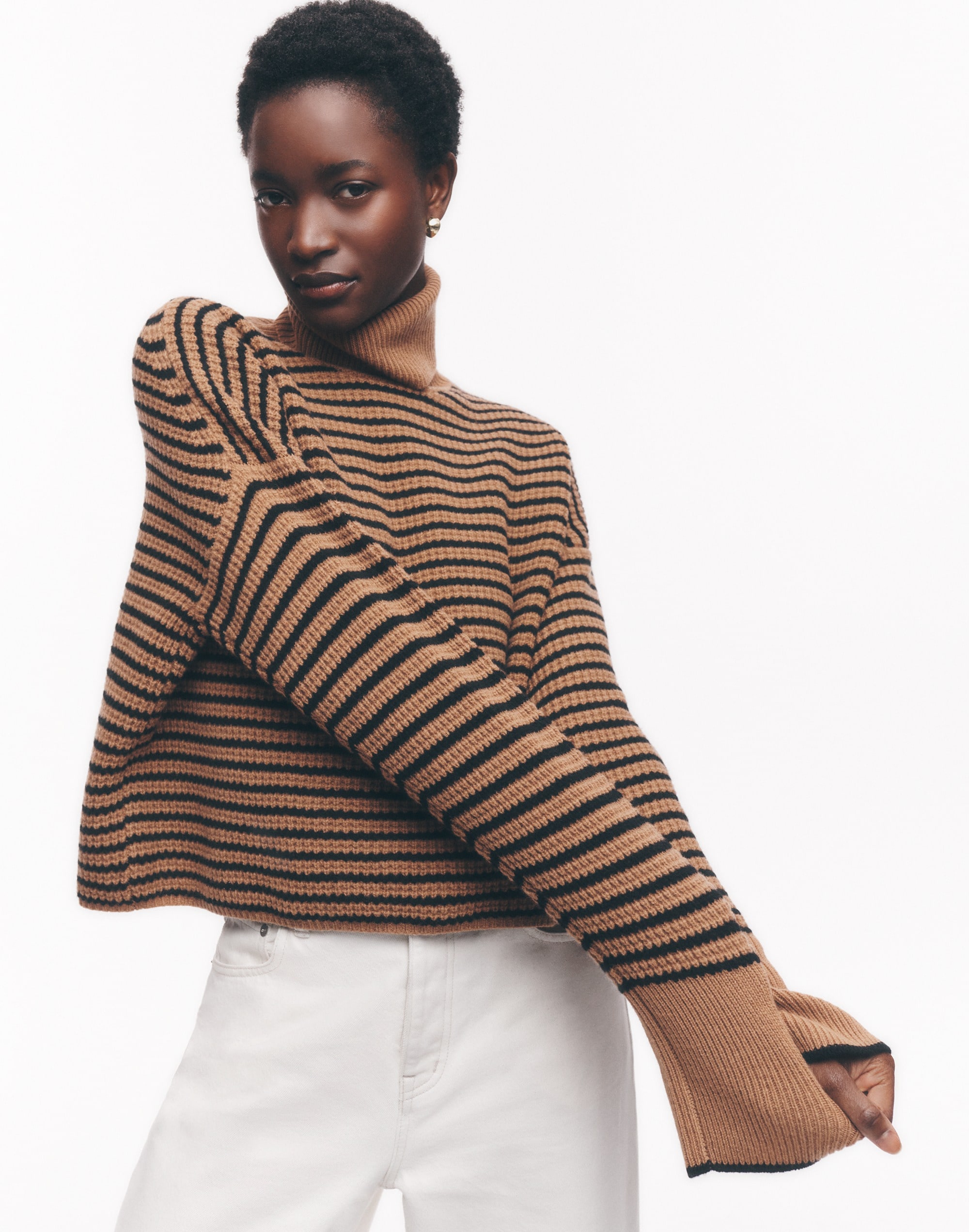 Wool Waffle-Knit Turtleneck in Stripe