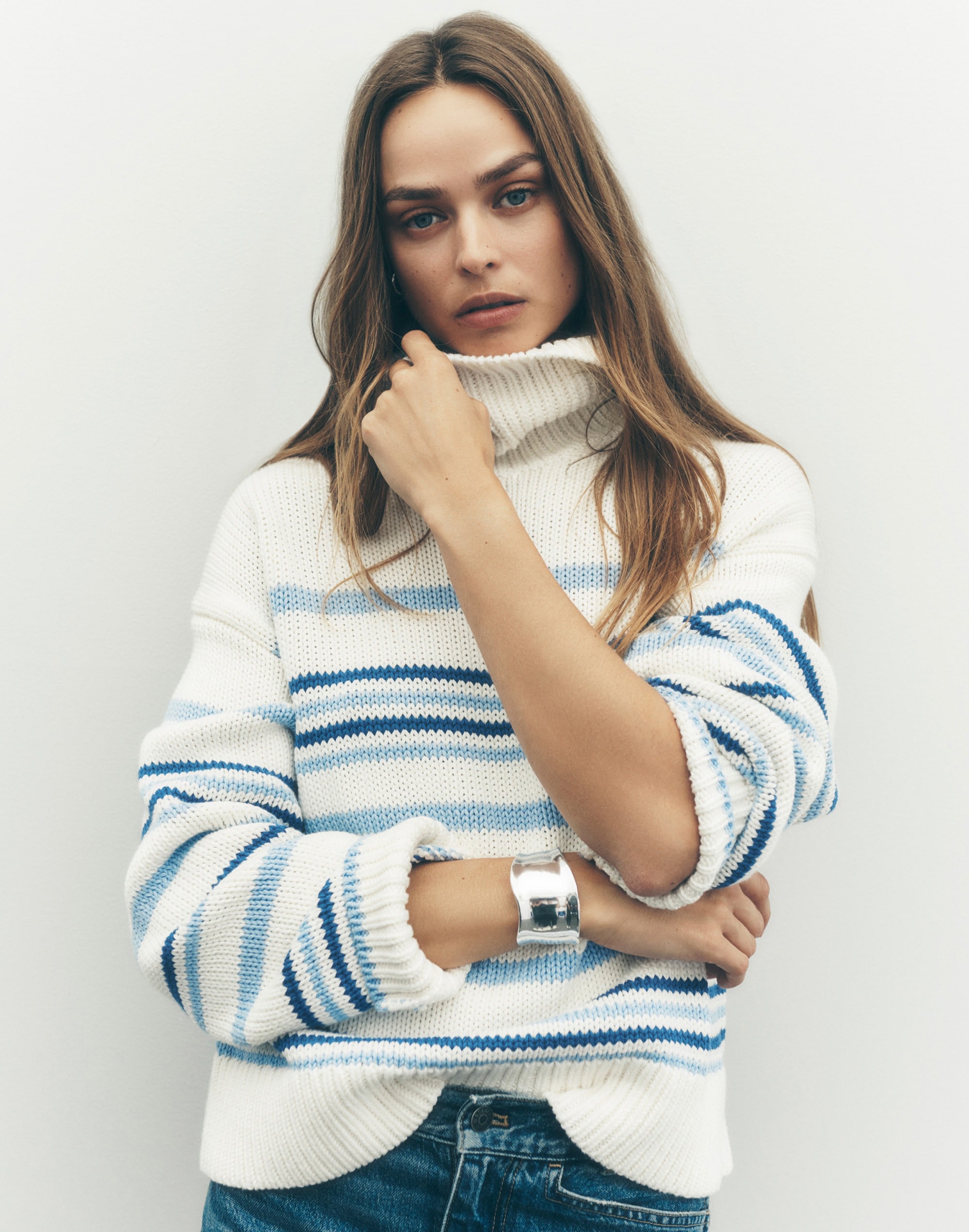 Ribbed Cotton Turtleneck Sweater in Stripe