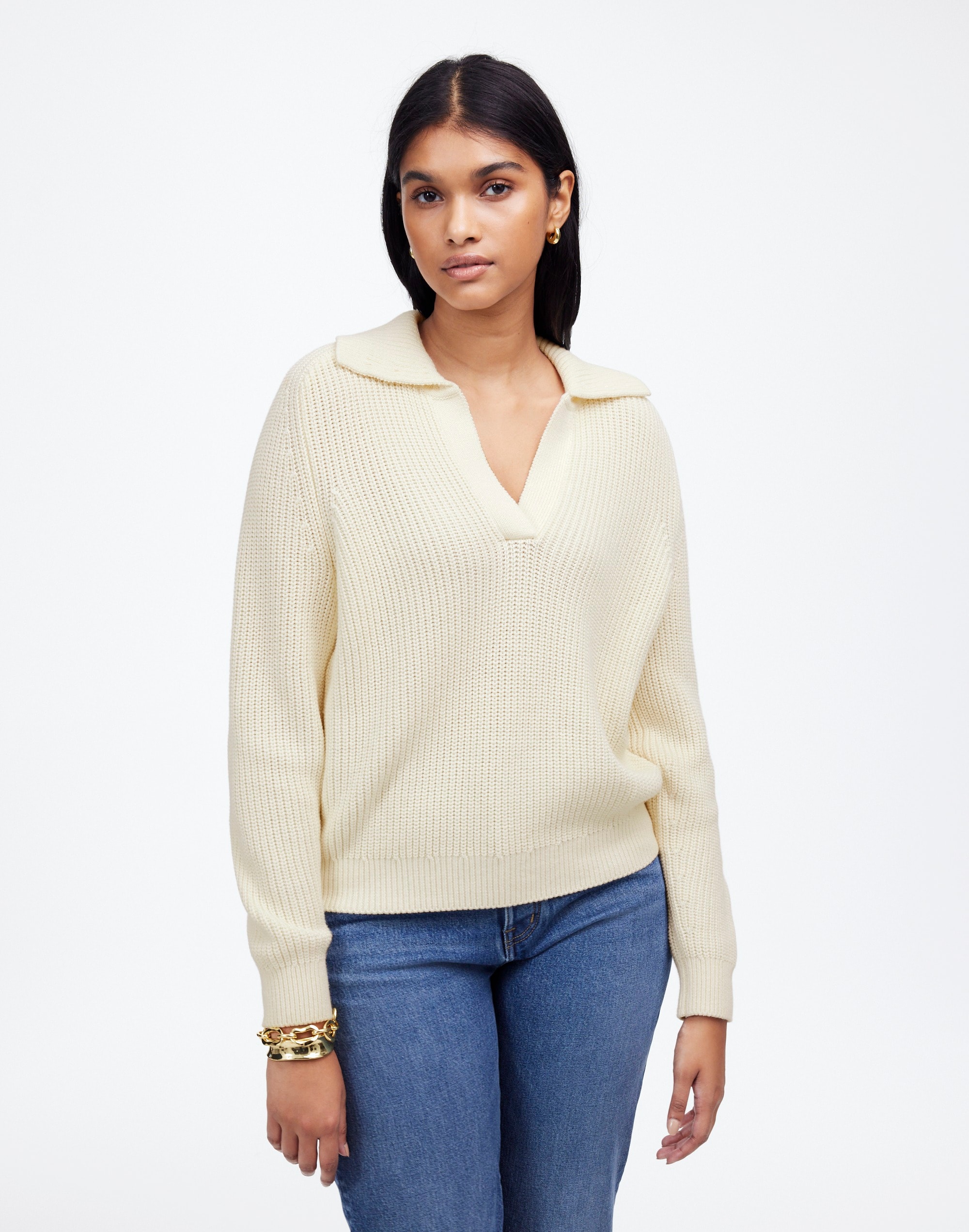 Shaker-Stitch Johnny Collar Sweater | Madewell