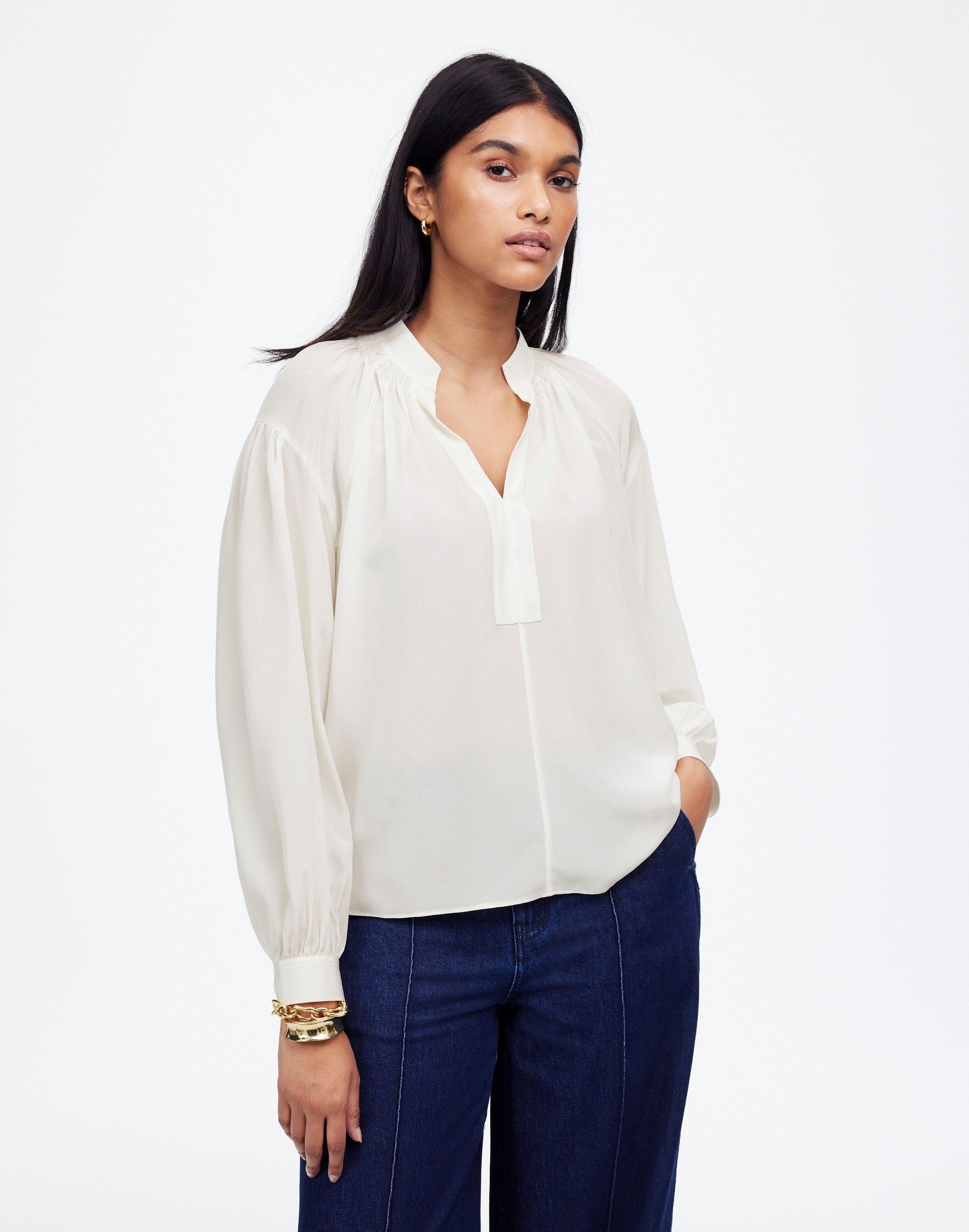 Shirred Long-Sleeve Top Silk | Madewell