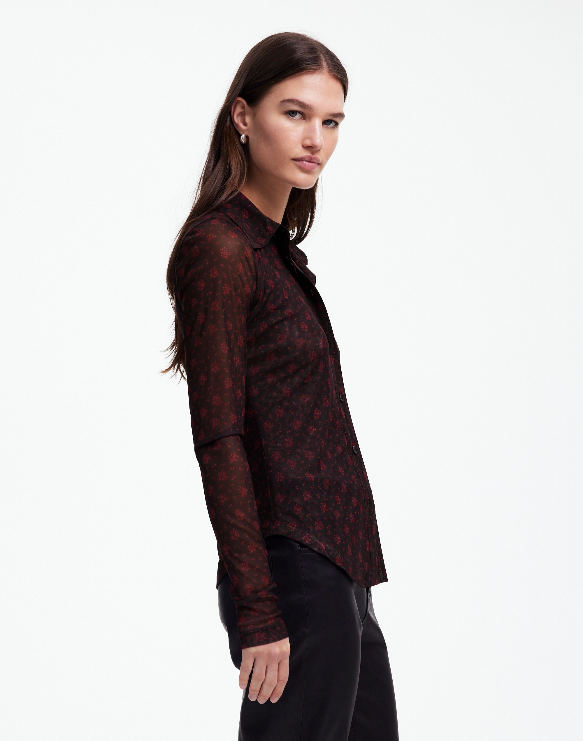 Long-Sleeve Button-Front Top Floral Mesh | Madewell