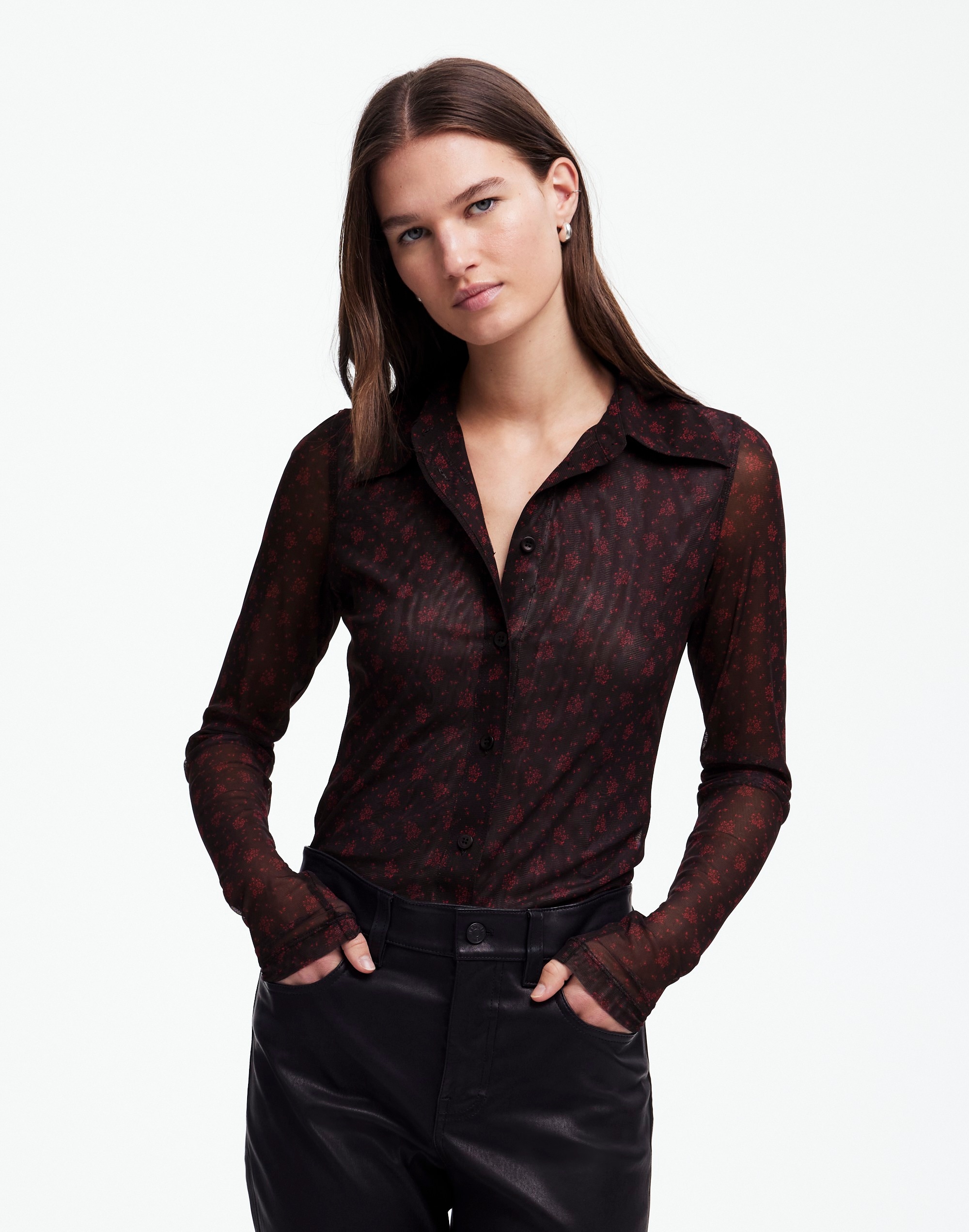 Long-Sleeve Button-Front Top Floral Mesh | Madewell