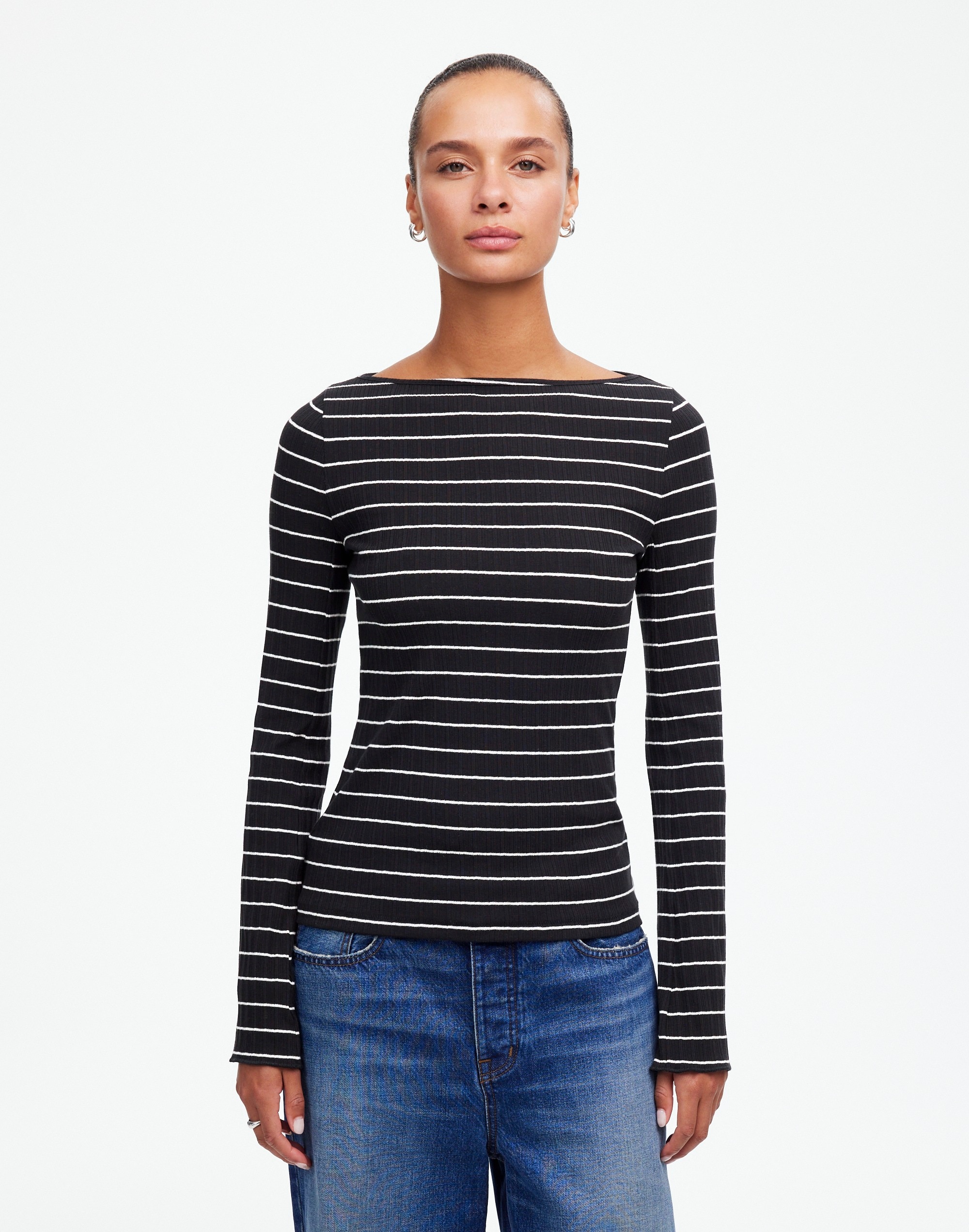 Ribbed Long-Sleeve Boatneck Top Stripe | Madewell