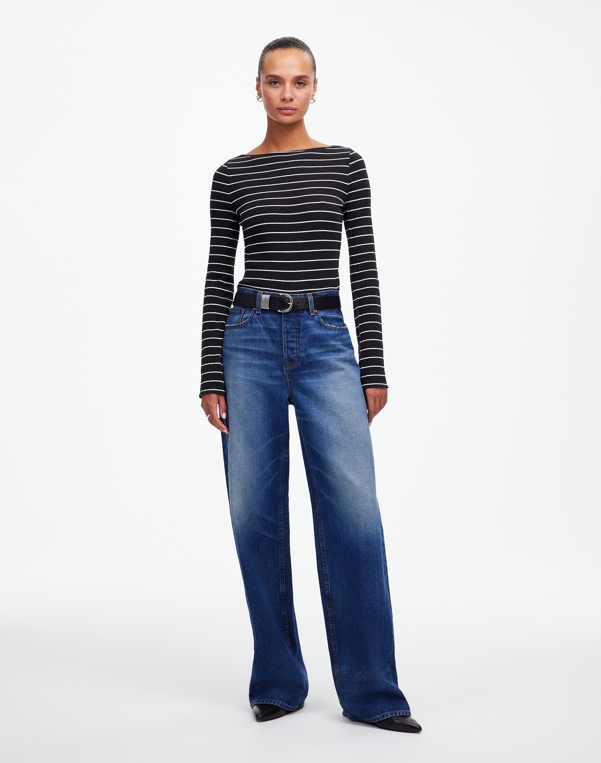 Ribbed Long-Sleeve Boatneck Top Stripe | Madewell