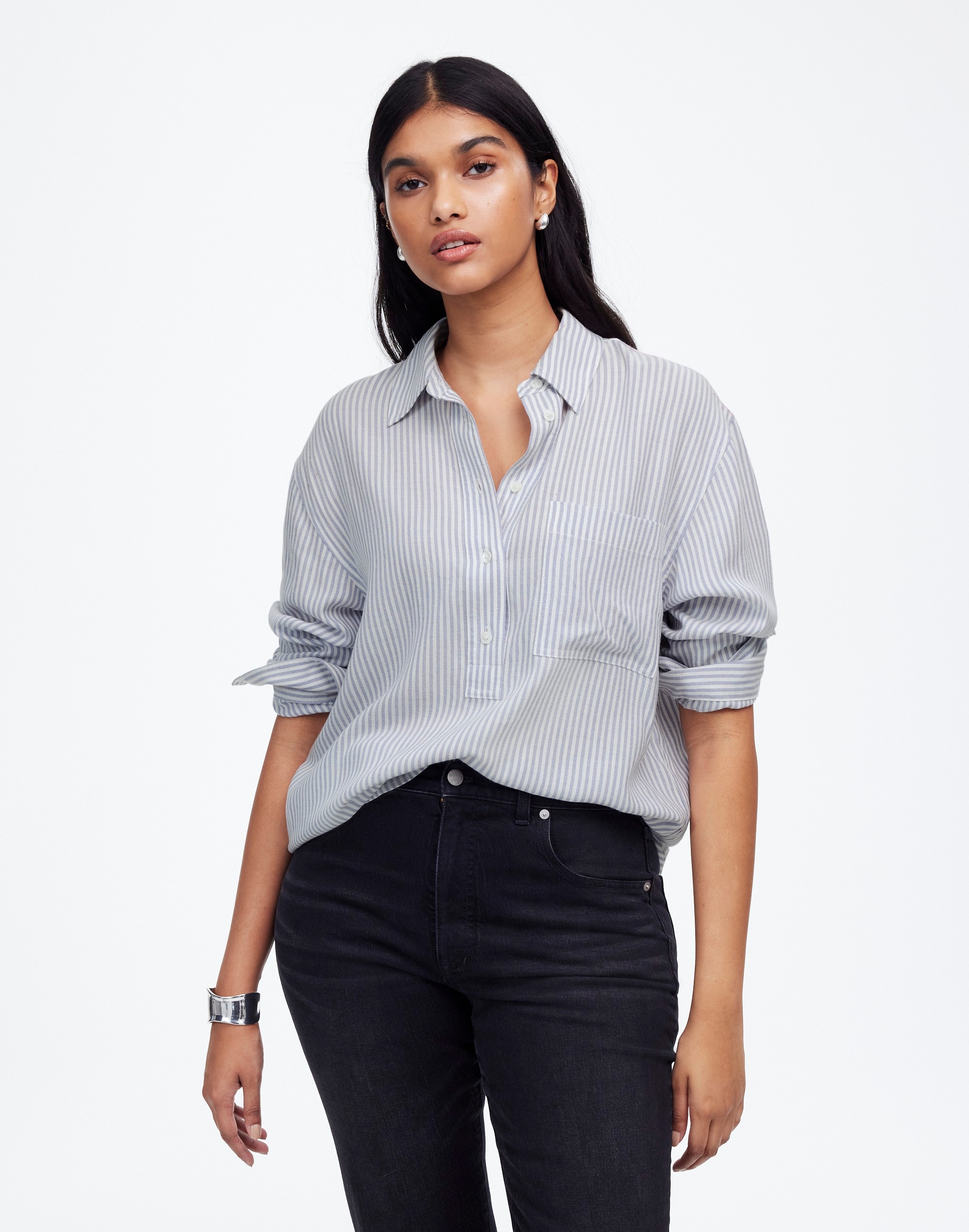 Drapey Long-Sleeve Popover Shirt Stripe | Madewell