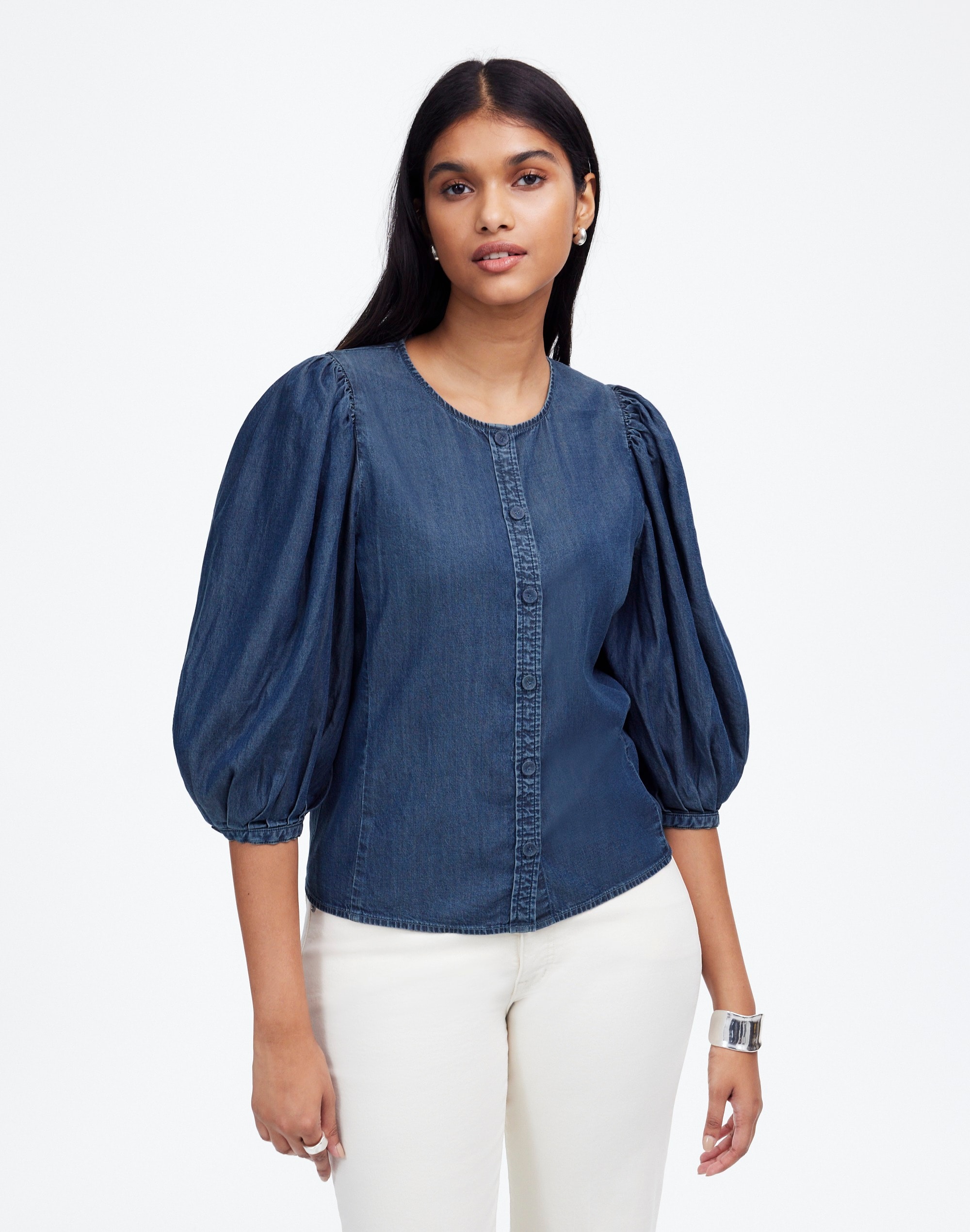 Denim Puff-Sleeve Button-Up Top | Madewell