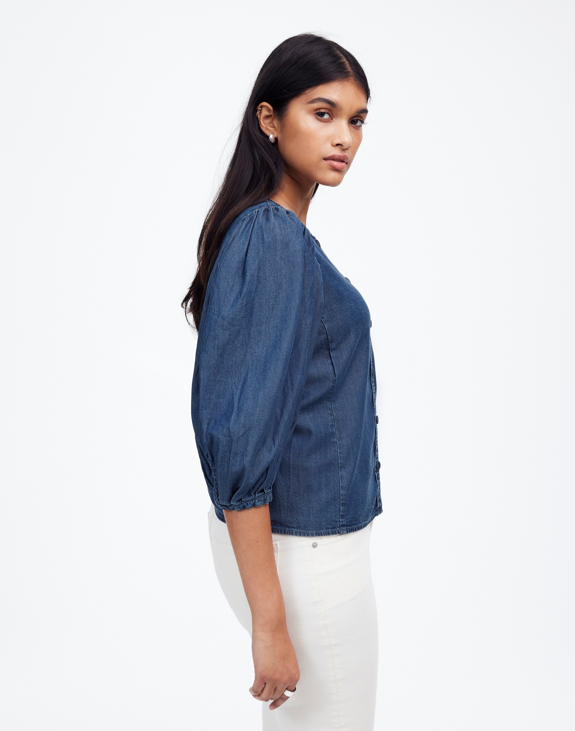 Denim Puff-Sleeve Button-Up Top | Madewell