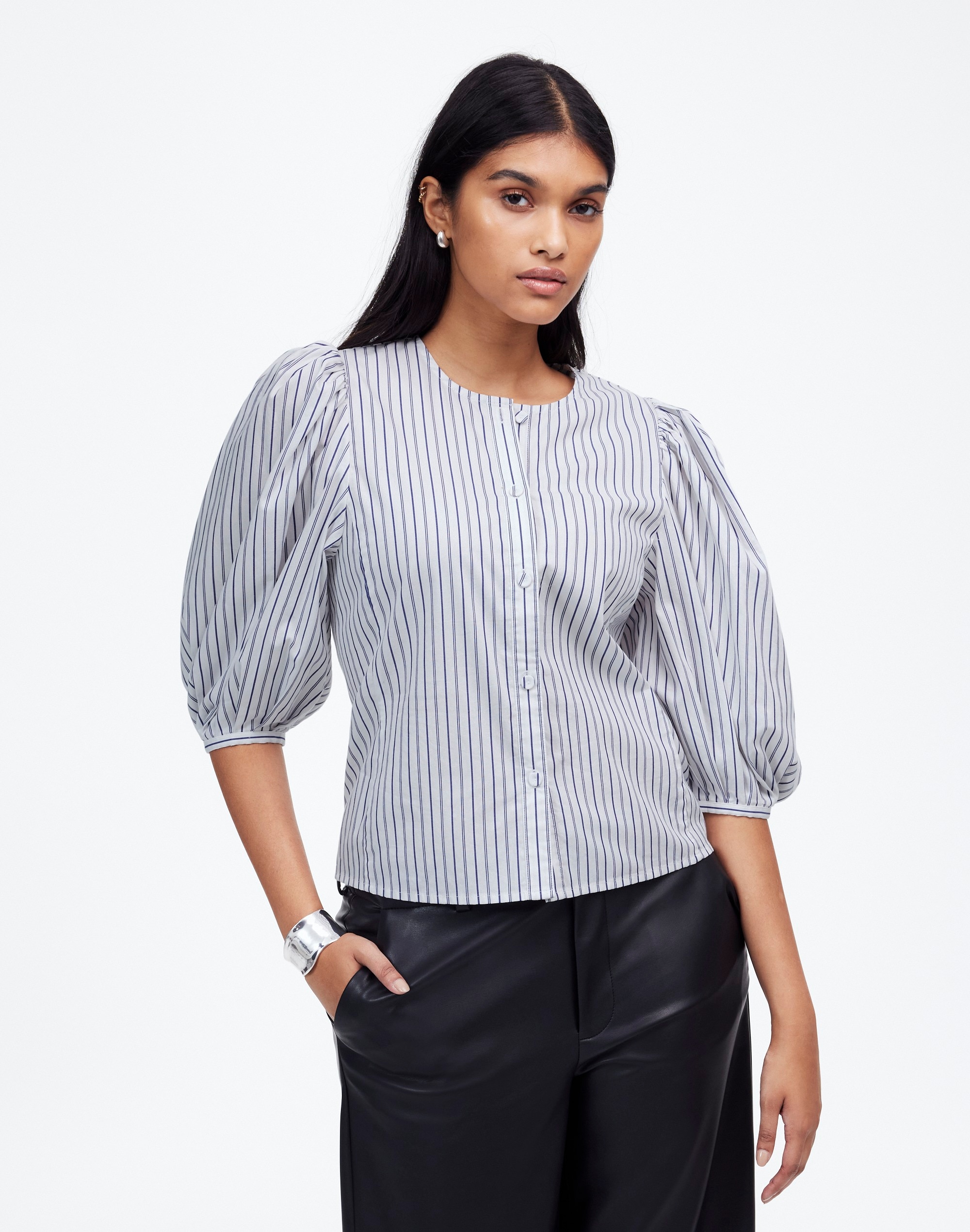 Puff-Sleeve Button-Up Top Stripe | Madewell