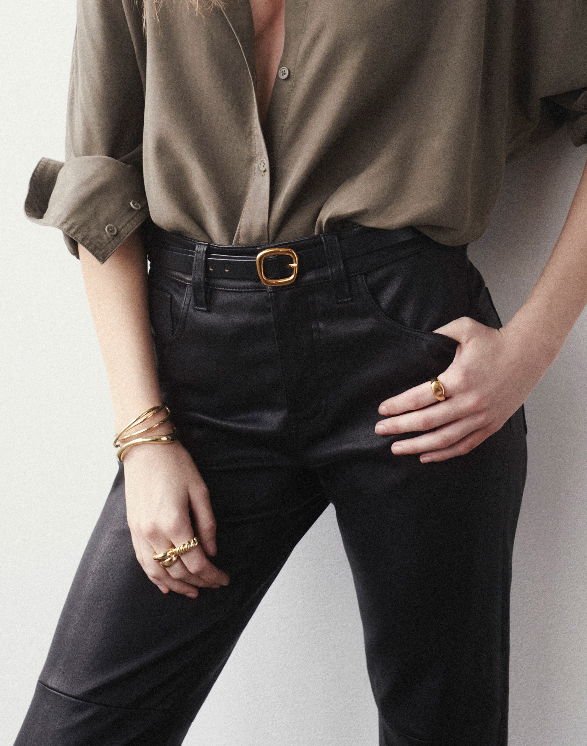 Sculptural Buckle Leather Skinny Belt